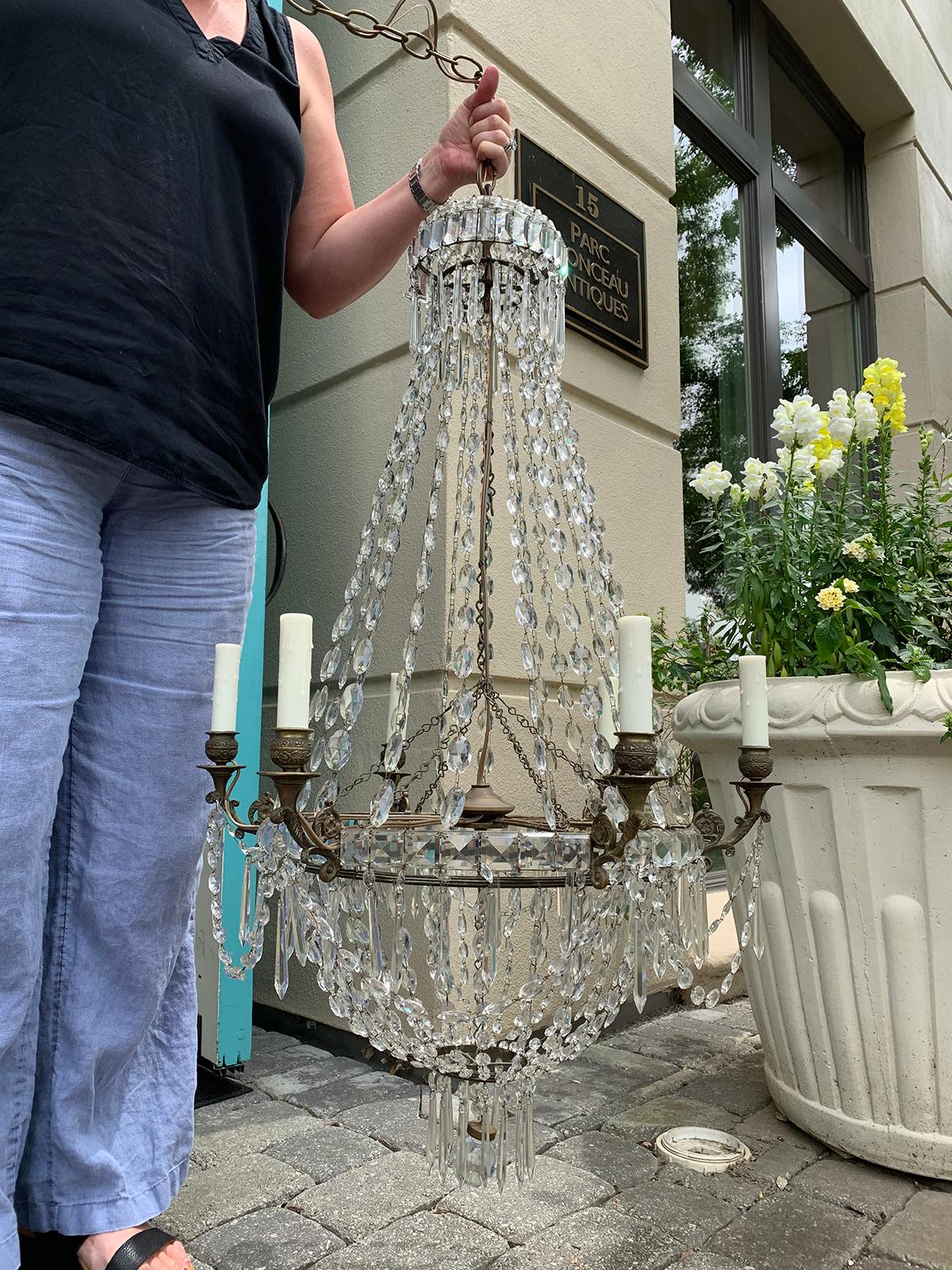 19th century neoclassical bronze and crystal six-arm chandelier
Completely rewired and ready to go.