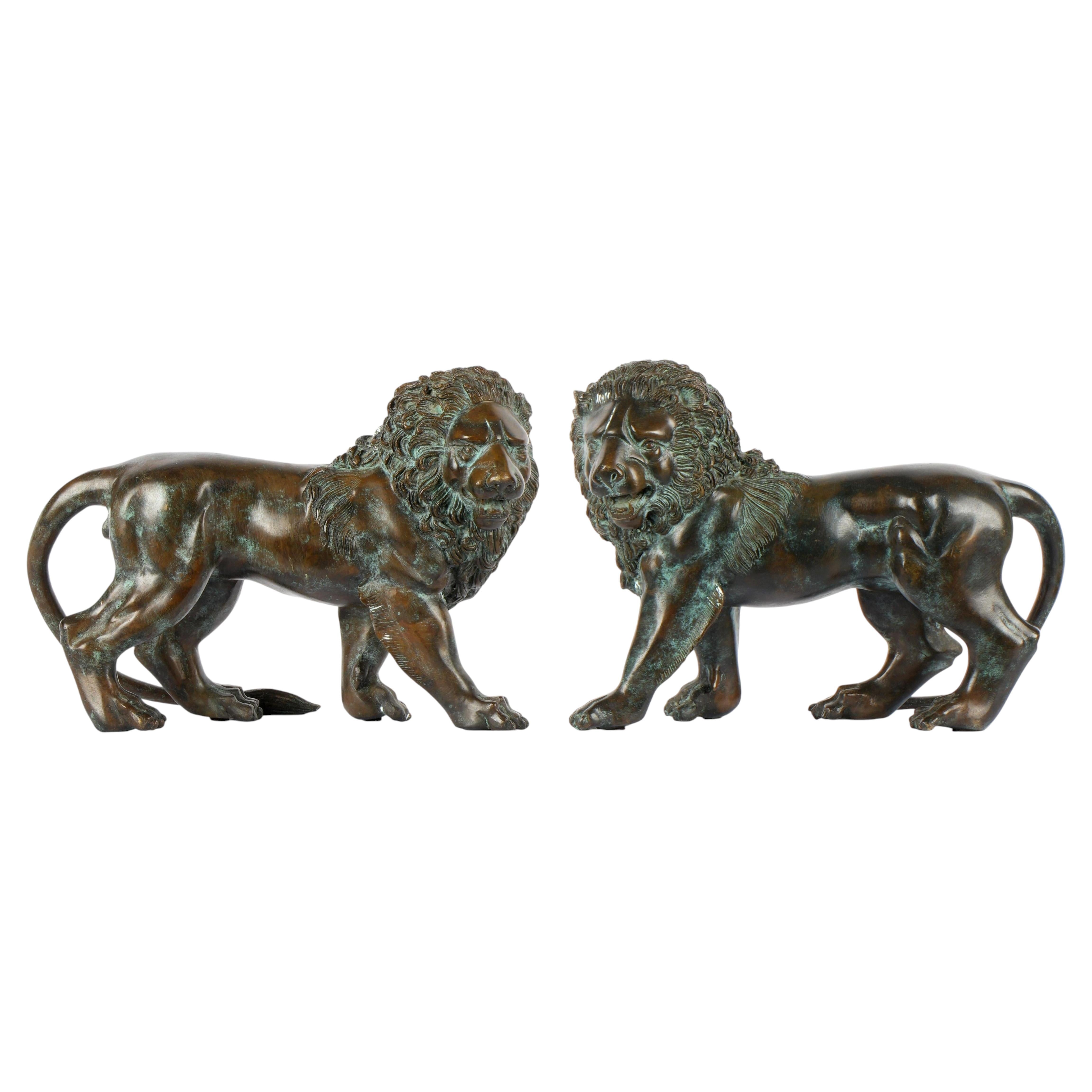 19th Century Neoclassical Bronze Lion Sculptures with Aged Patina