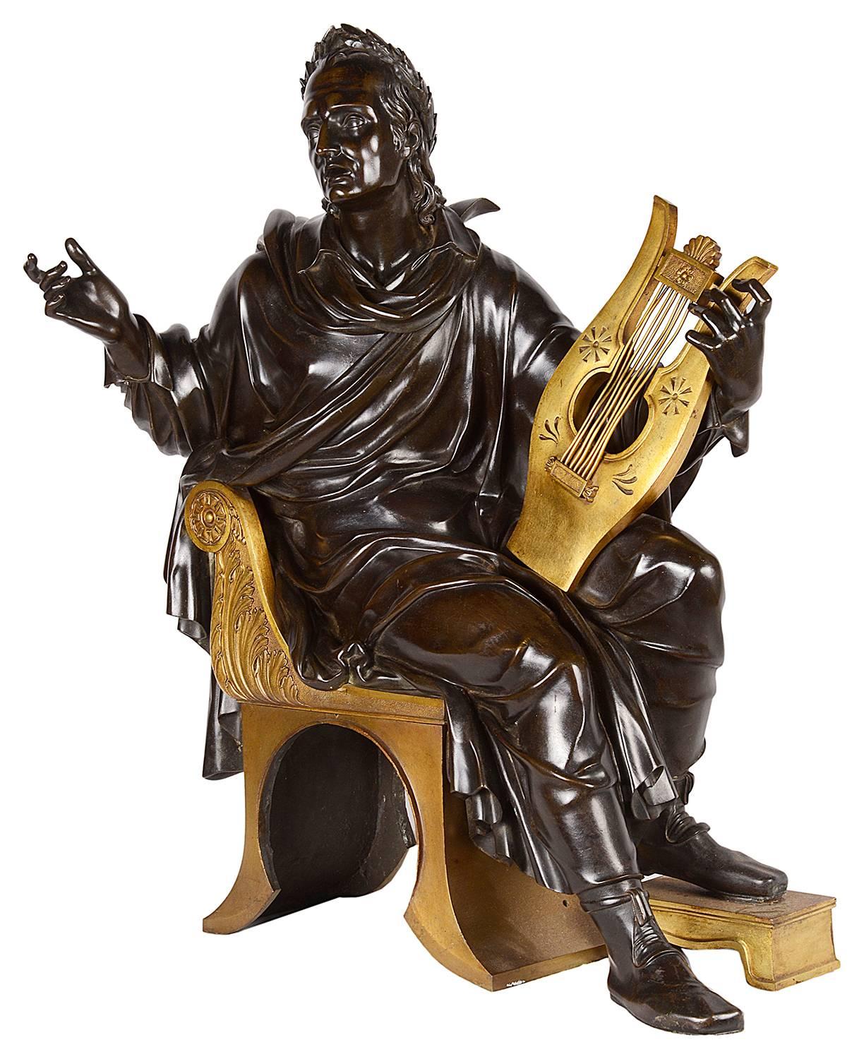An impressive 19th century bronze statue of a neoclassical musician, seated on a gilded classical chair playing a harp.