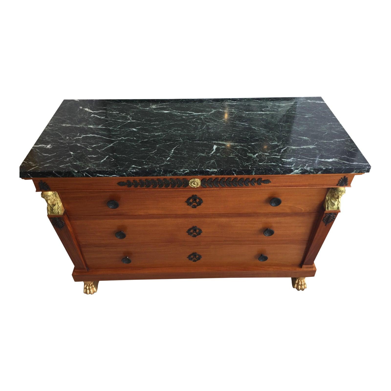 Wonderful French 19th century 3-drawer chest.
Neoclassical Empire Revival with forest green marble top.
 