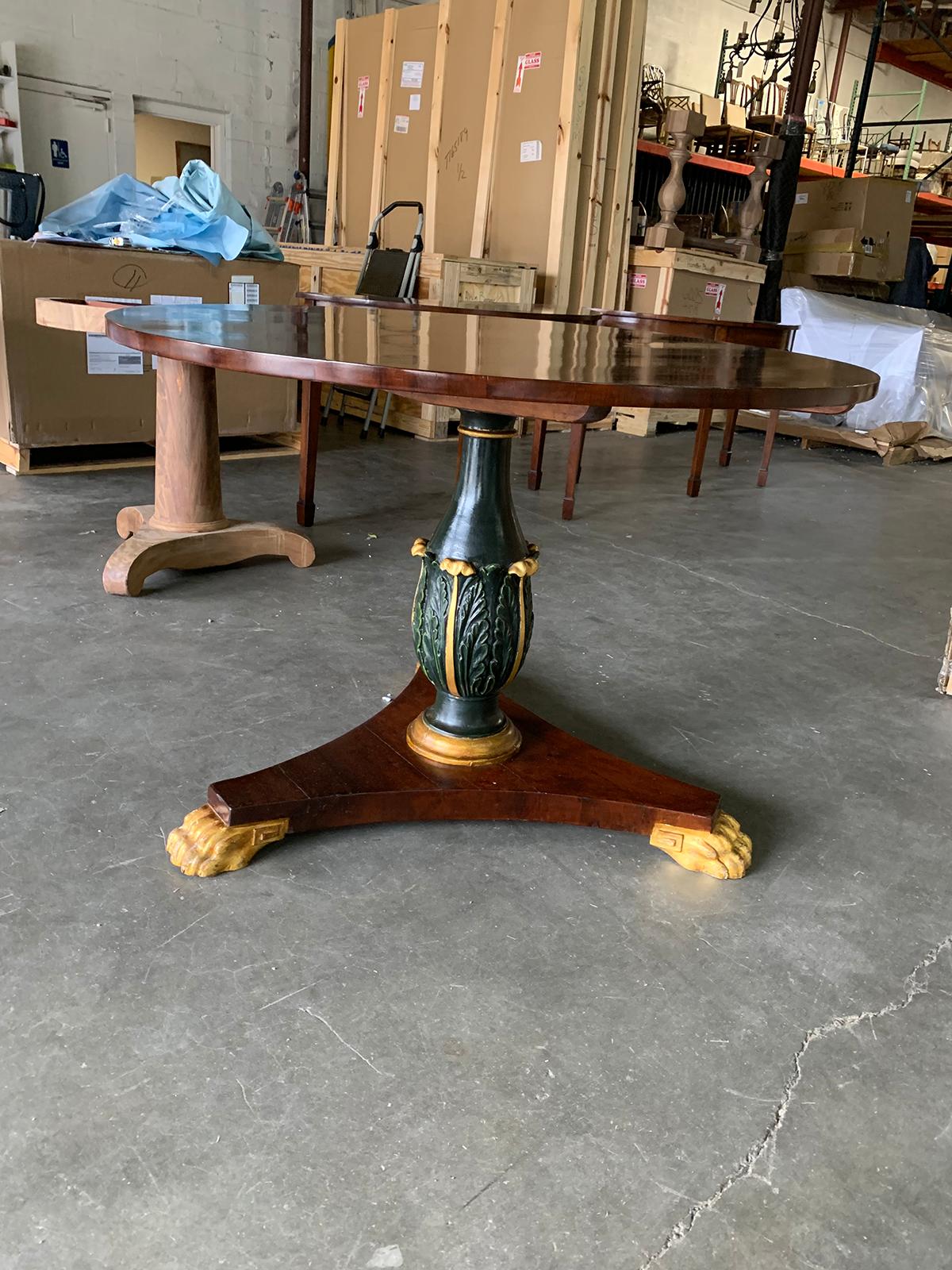 19th century neoclassical Continental center table
Incredible wood and quality. Perfect for a center hall. Beautiful carved and painted pedestal.