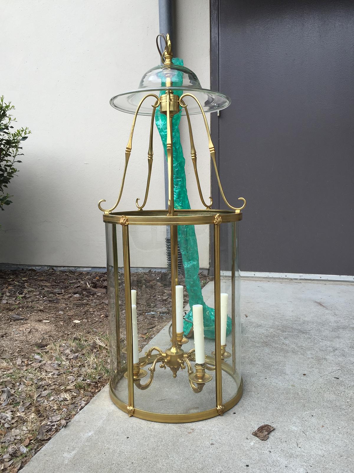 19th century neoclassical curved glass and brass lantern with smoke bell
Large scale
New wiring.