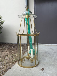 19th Century Neoclassical Curved Glass and Brass Lantern with Smoke Bell