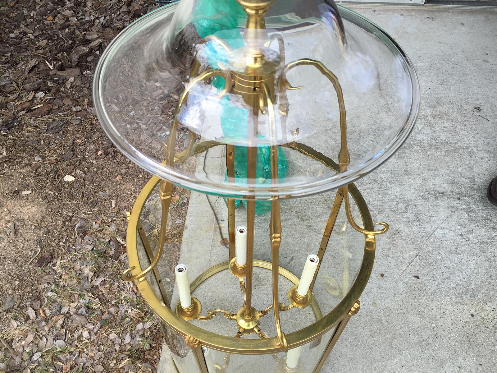 19th Century Neoclassical Curved Glass and Brass Lantern with Smoke Bell In Good Condition In Atlanta, GA