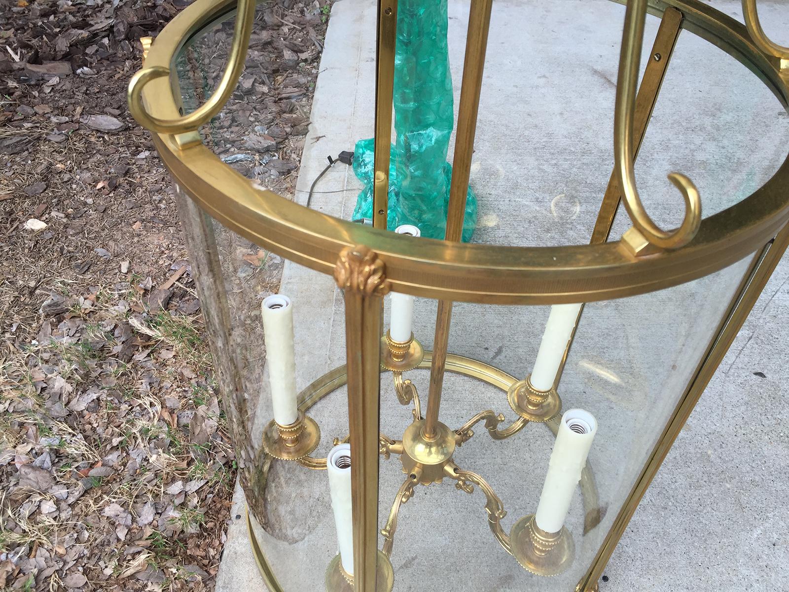 19th Century Neoclassical Curved Glass and Brass Lantern with Smoke Bell 1