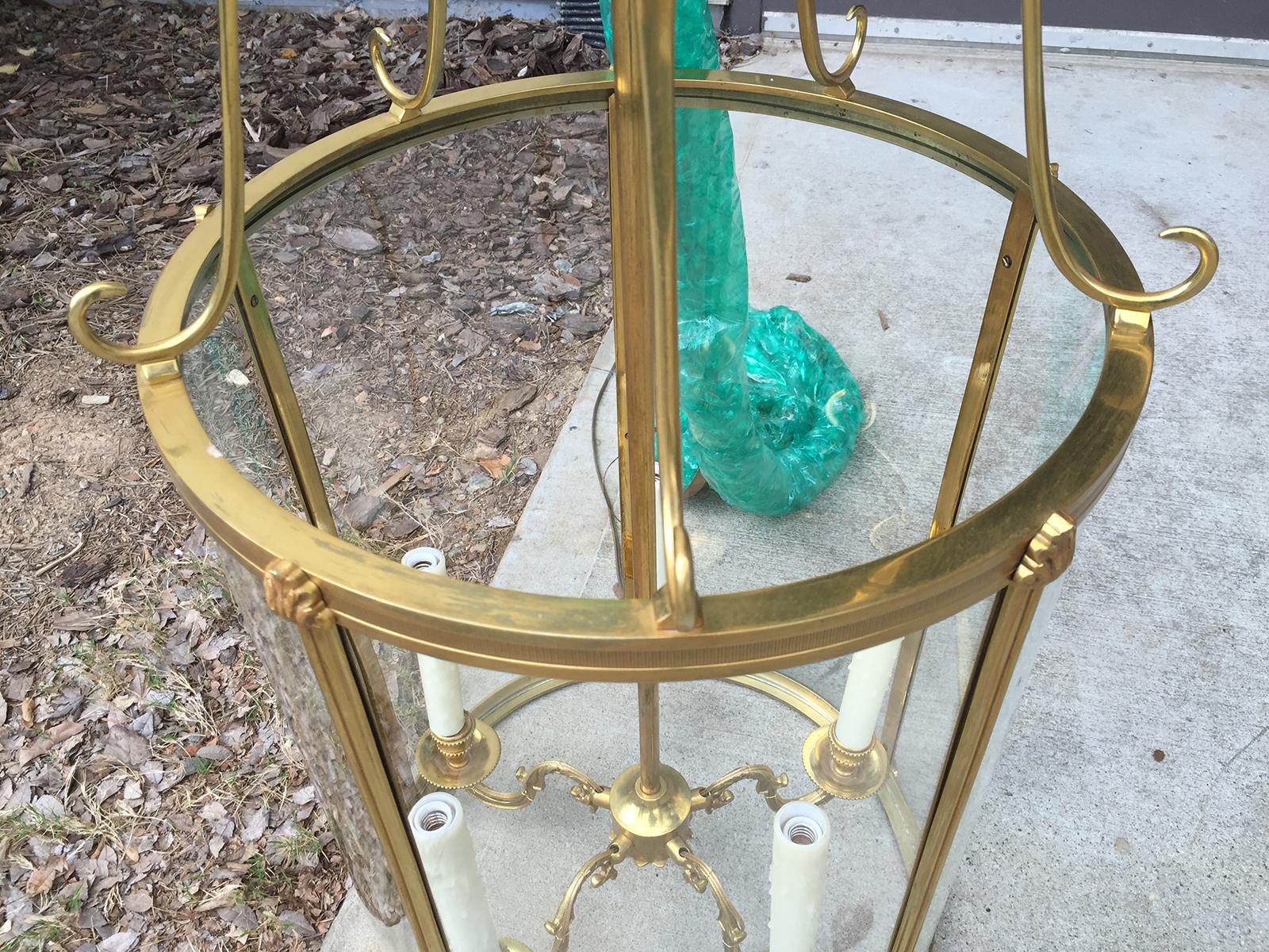 19th Century Neoclassical Curved Glass and Brass Lantern with Smoke Bell 2