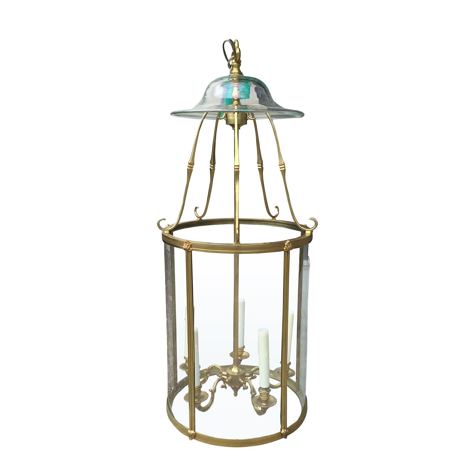 19th Century Neoclassical Curved Glass and Brass Lantern with Smoke Bell