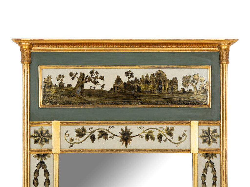19th Century Giltwood Mirror.  Handpainted and Gilt Eglomise Panel all surrounding the mirror plate.  Landscape in upper panel, Neoclassical urns in side.  Just lovey.  A great survivor

Ex. Collection, Palm Beach