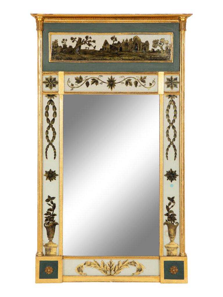 Hand-Painted 19th Century Neoclassical Eglomise Giltwood Mirror For Sale