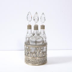 19th Century Neoclassical Figurative Silver Plate & Cut Crystal Decanter Set