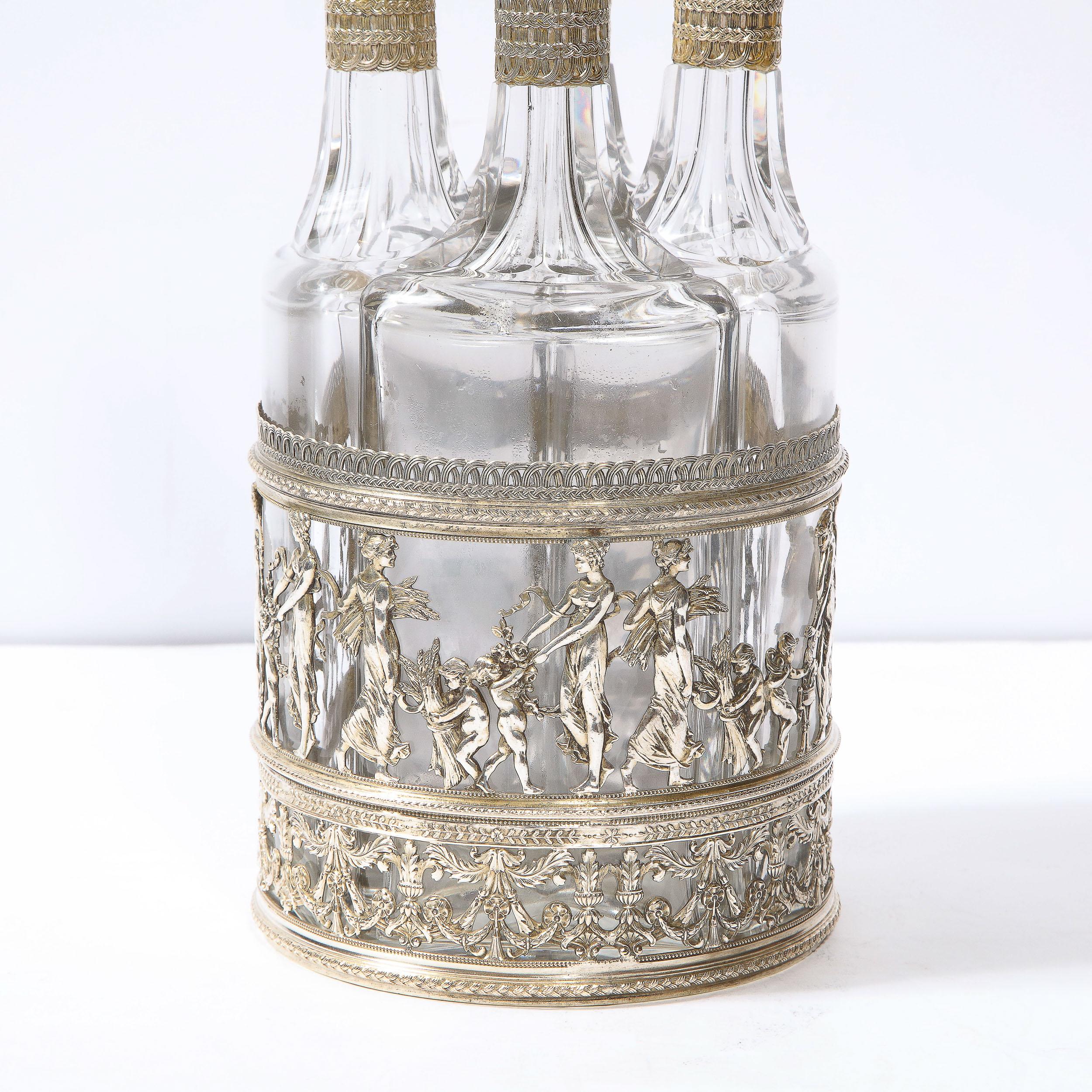 Victorian 19th Century Neoclassical Figurative Silver Plate & Cut Crystal Decanter Set For Sale
