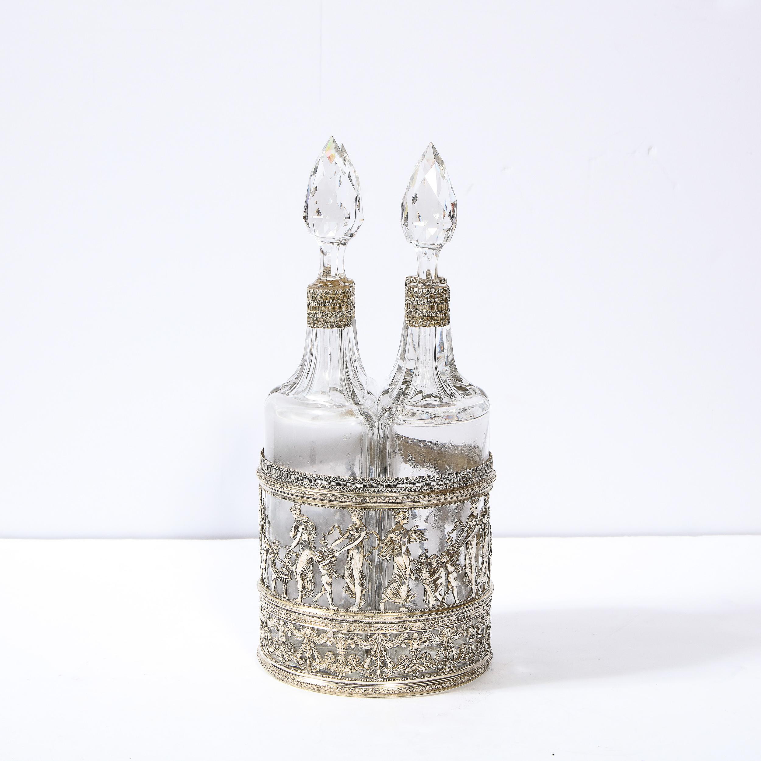 English 19th Century Neoclassical Figurative Silver Plate & Cut Crystal Decanter Set For Sale