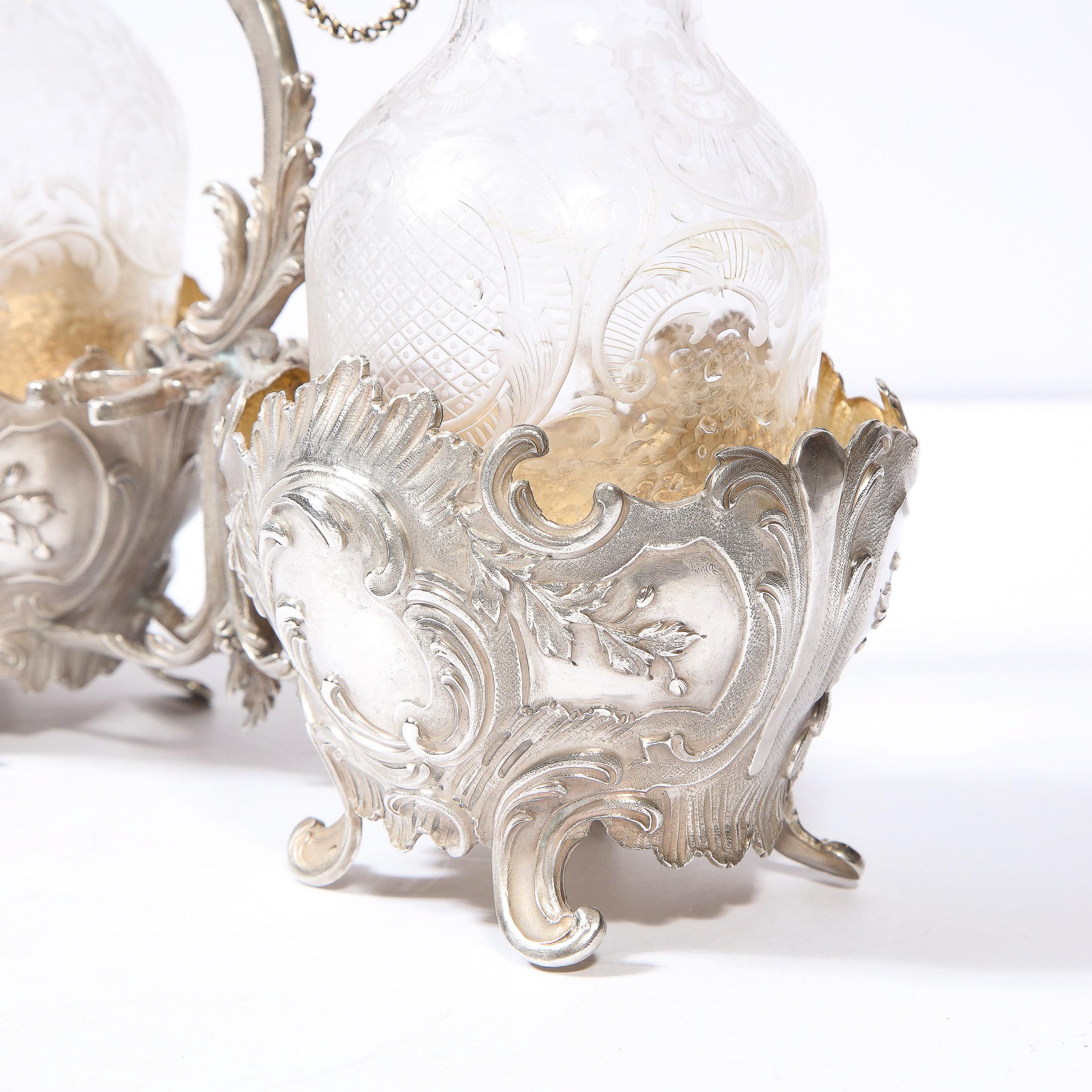 19th Century Neoclassical Foliate Creut Silver Plate, Gilt & Etched Crystal Set For Sale 4