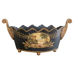 19th Century Neoclassical French Tole Black and Gilt Cache Pot Jardiniere