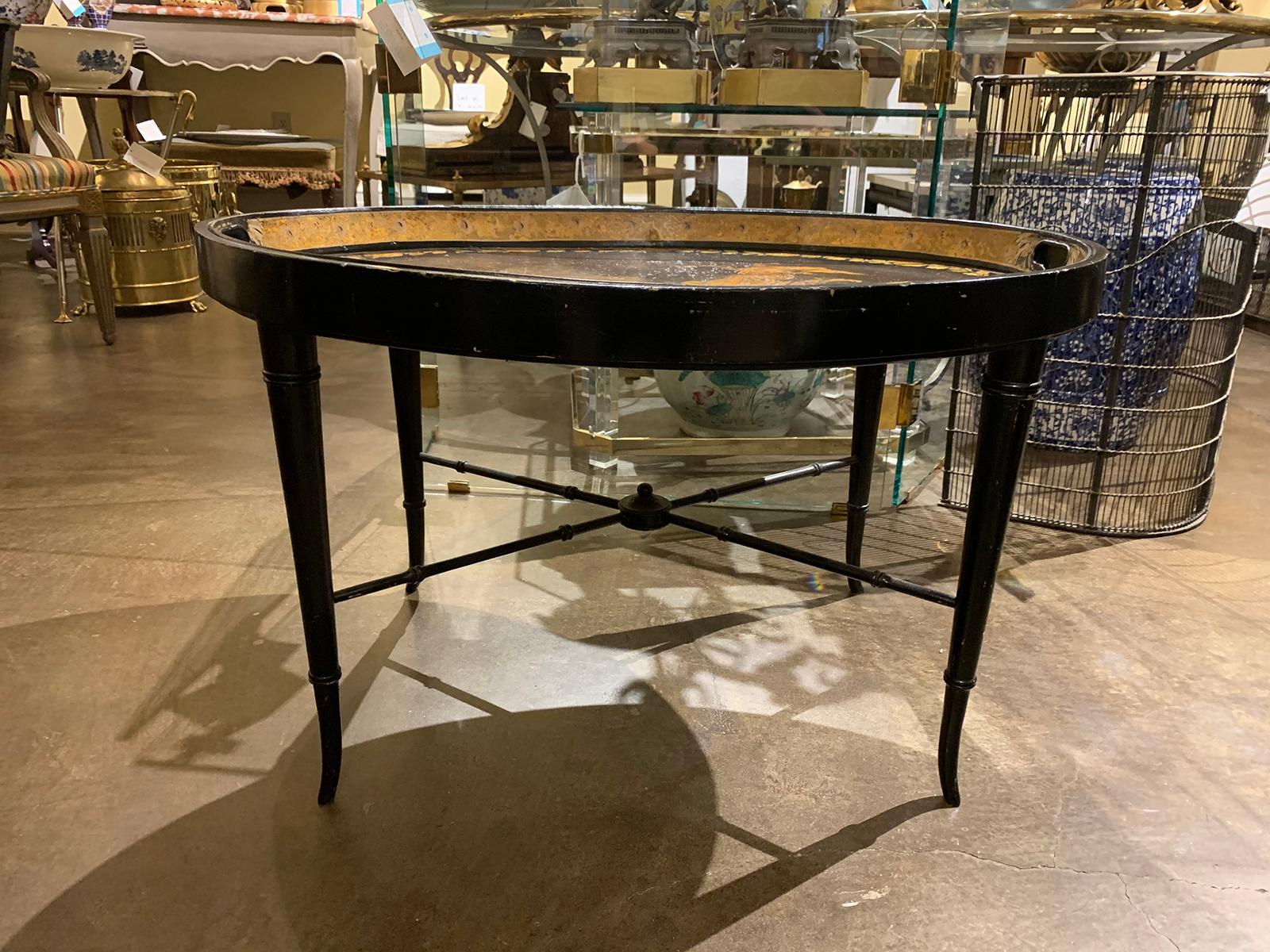 19th century neoclassical gilt decorated tray coffee table with custom base.