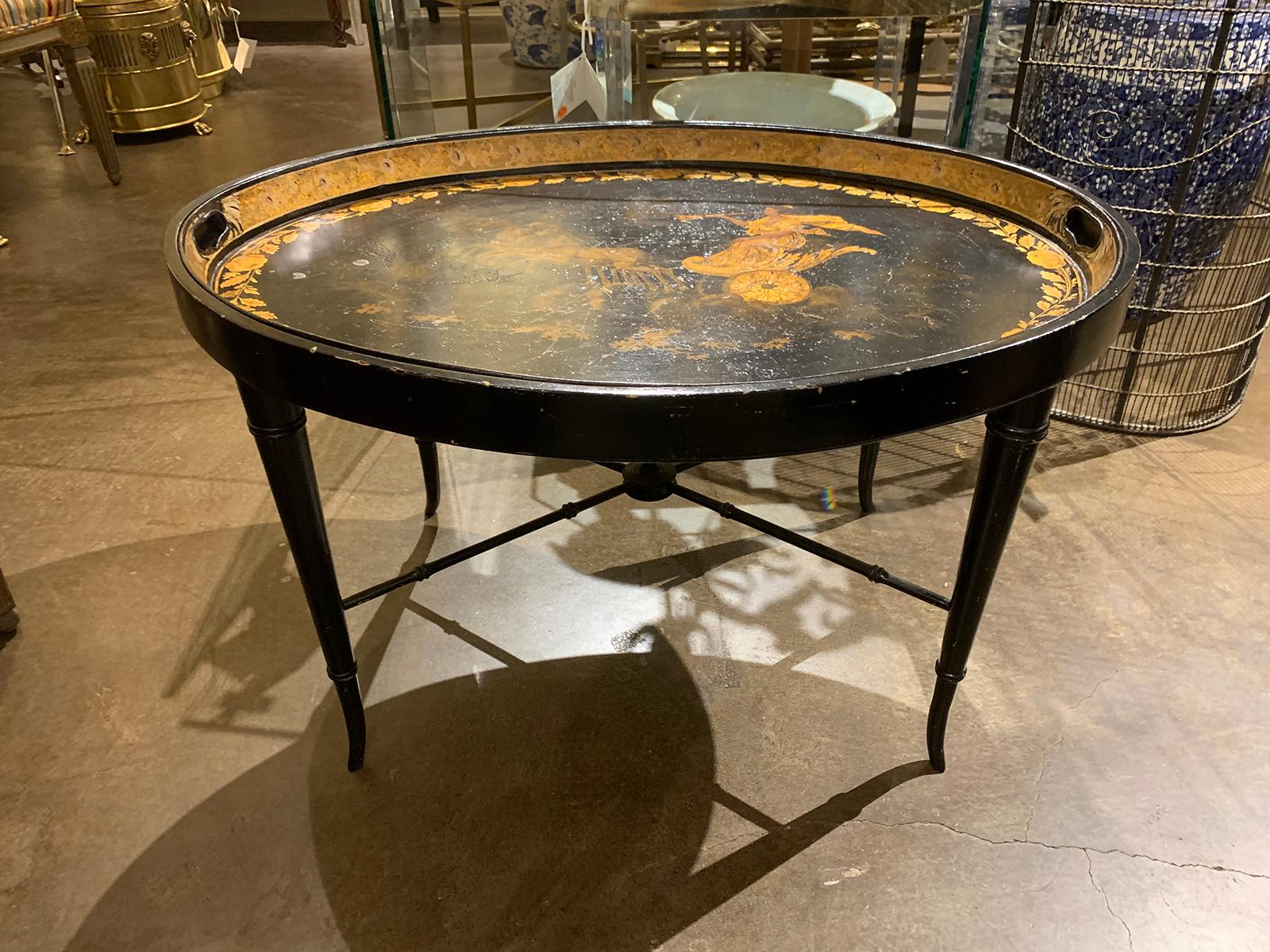 19th Century Neoclassical Gilt Decorated Tray Coffee Table with Custom Base 5