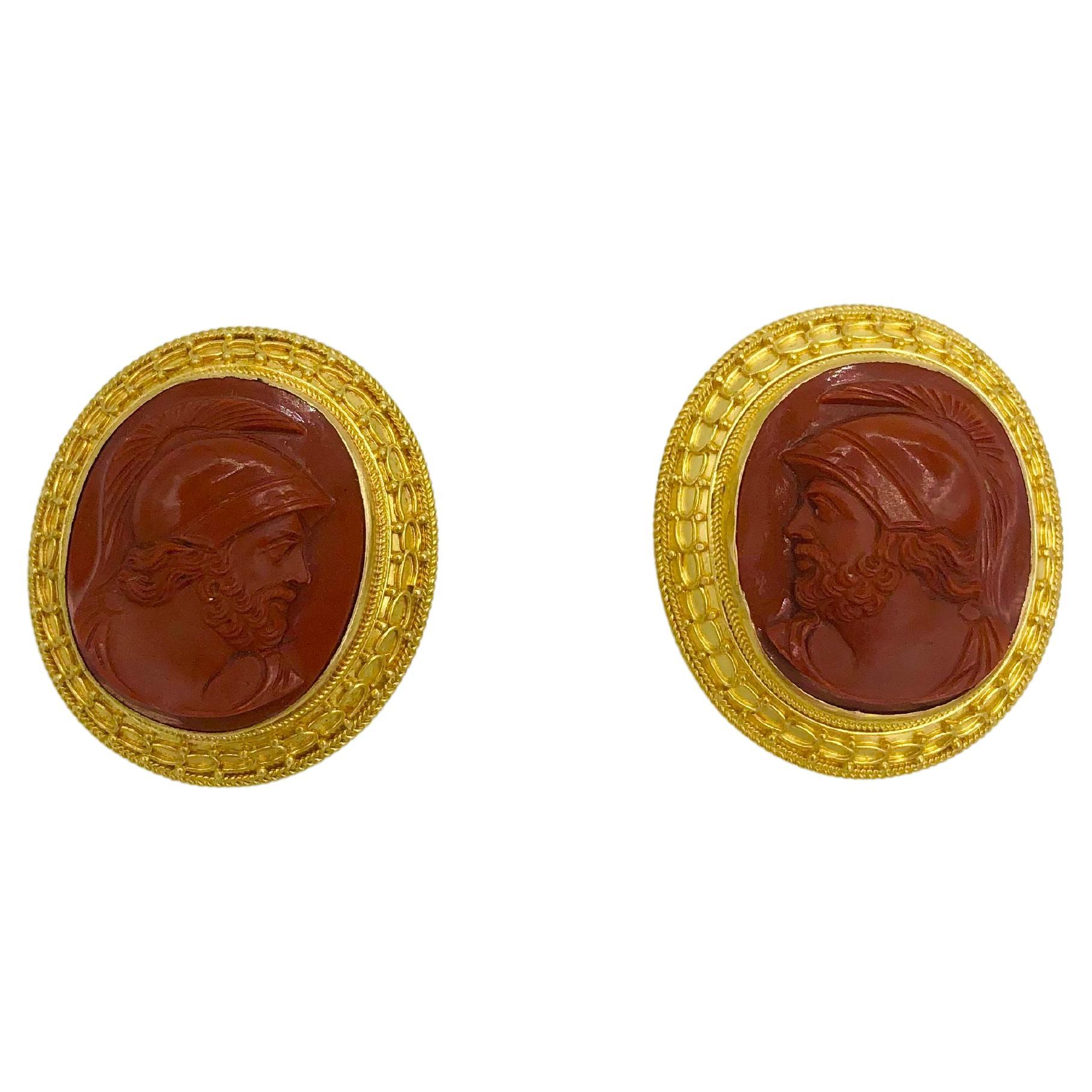 19th Century Neoclassical Gold Cufflinks Paste Glass Cameos For Sale