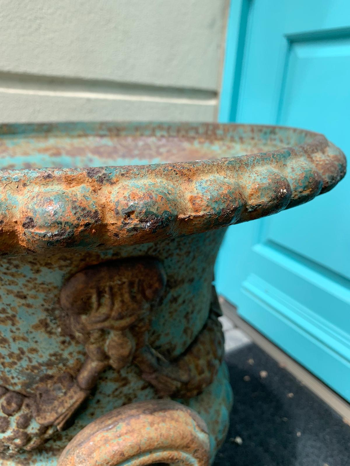 19th Century Neoclassical Iron Urn with Old Blue Paint For Sale 8