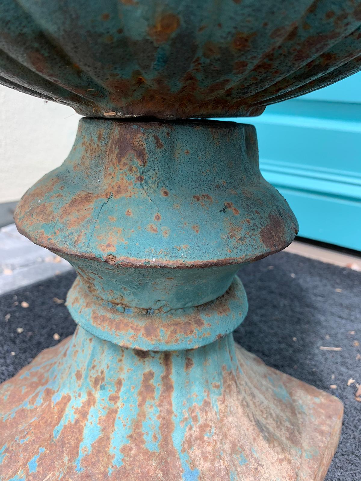 19th Century Neoclassical Iron Urn with Old Blue Paint For Sale 12