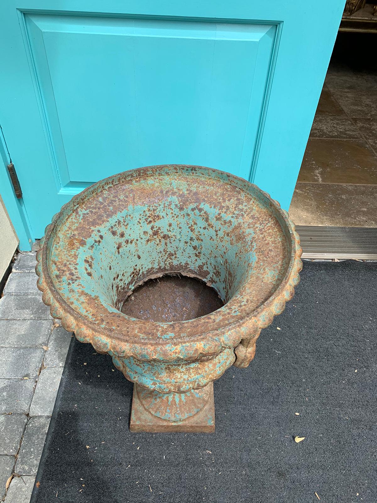19th Century Neoclassical Iron Urn with Old Blue Paint For Sale 13
