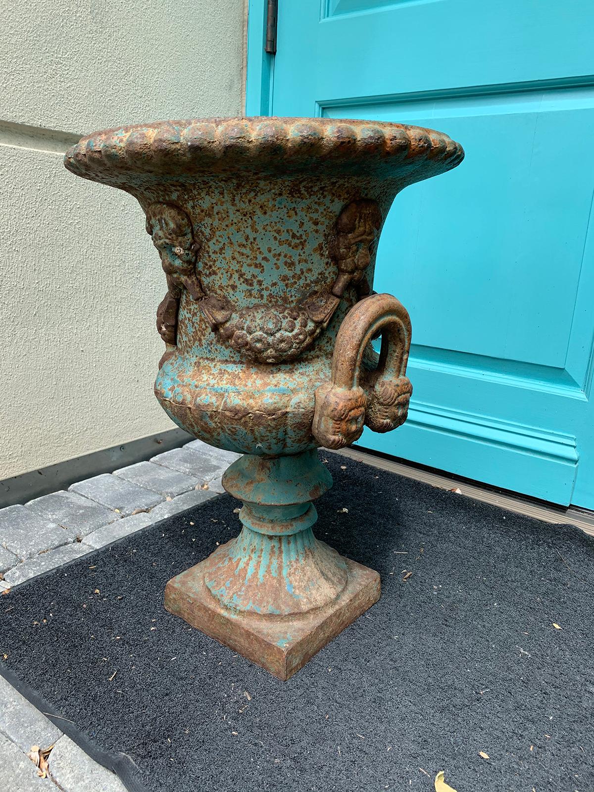 19th Century Neoclassical Iron Urn with Old Blue Paint For Sale 1