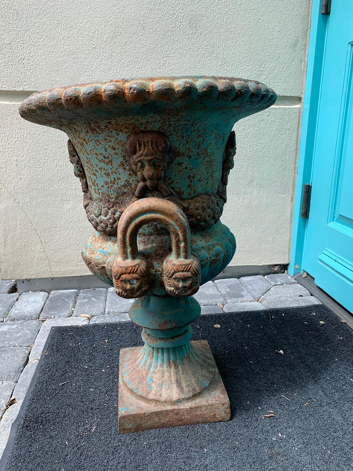 19th Century Neoclassical Iron Urn with Old Blue Paint For Sale 2