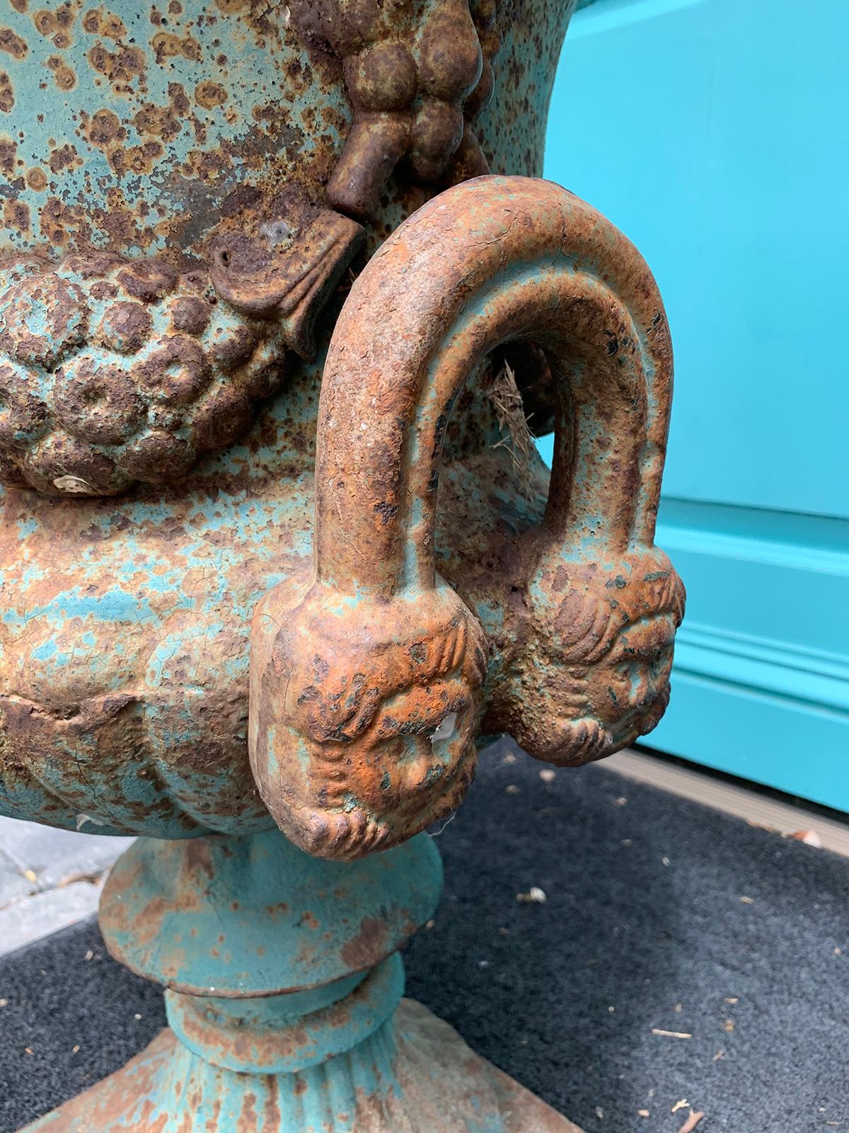 19th Century Neoclassical Iron Urn with Old Blue Paint For Sale 3