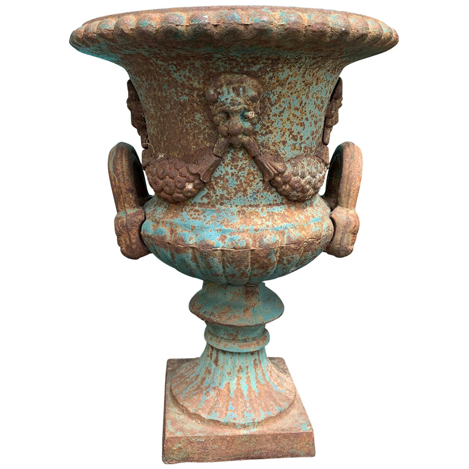19th Century Neoclassical Iron Urn with Old Blue Paint For Sale