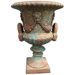 19th Century Neoclassical Iron Urn with Old Blue Paint