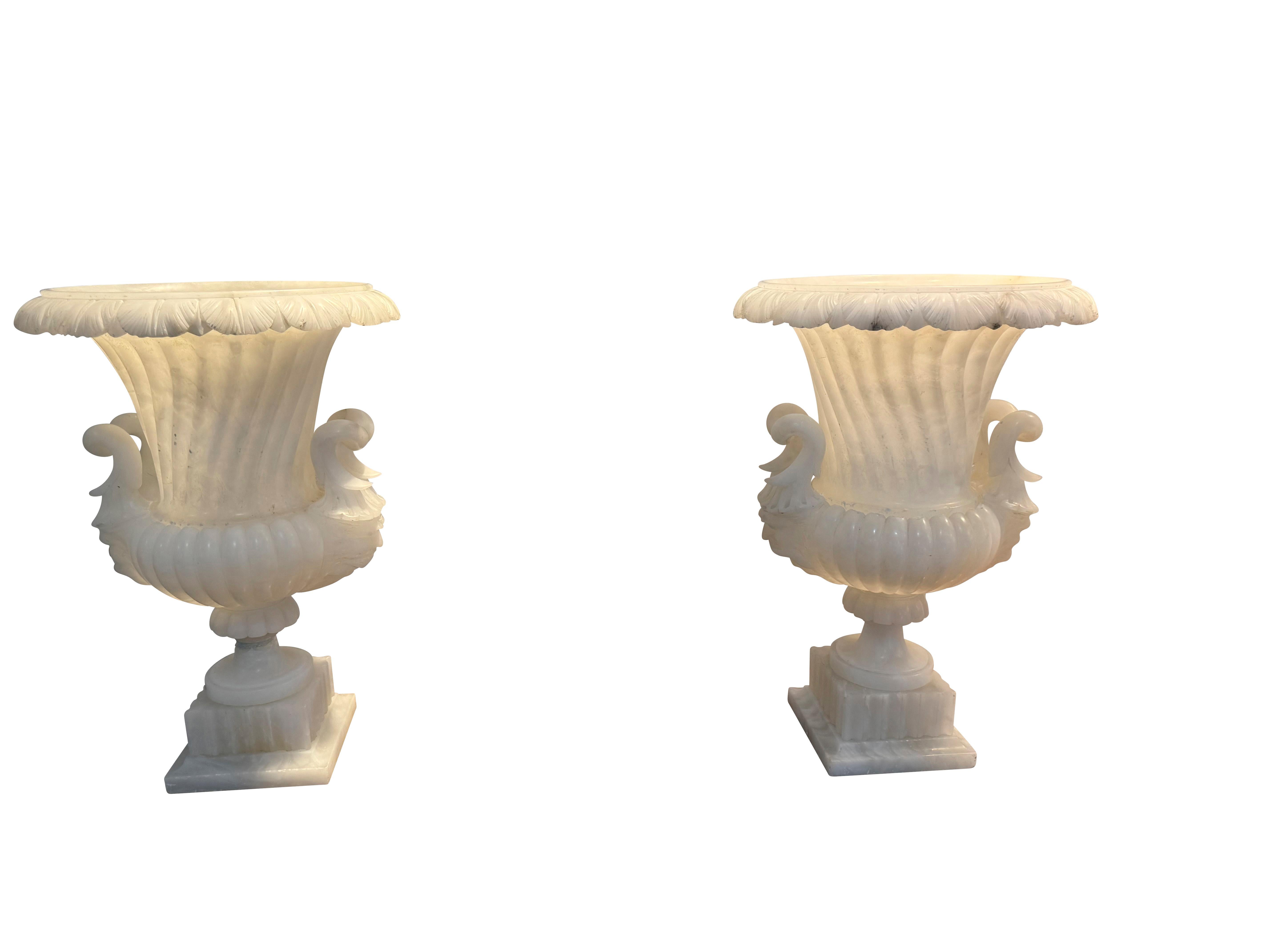 Hand-Carved 19th Century Neoclassical Italian Alabaster Urn Lamps For Sale