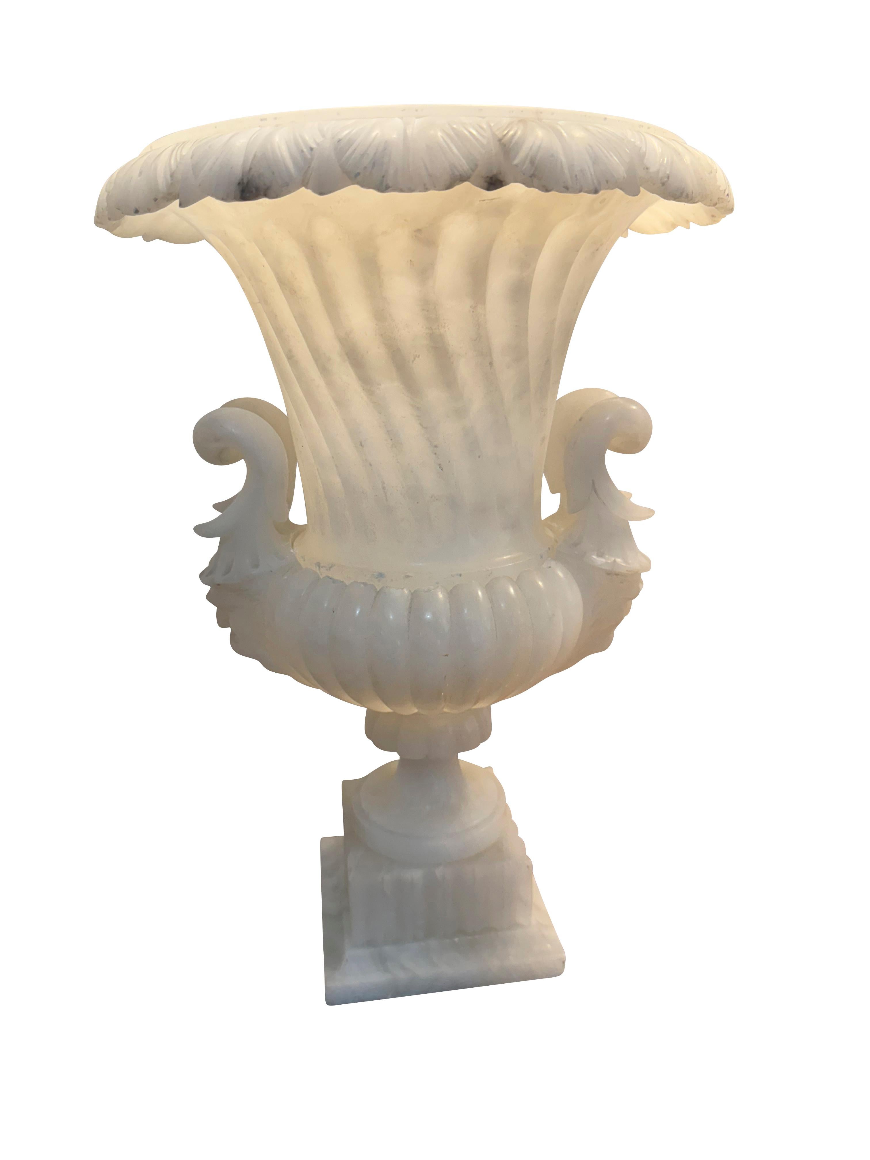 19th Century Neoclassical Italian Alabaster Urn Lamps In Good Condition For Sale In Essex, MA