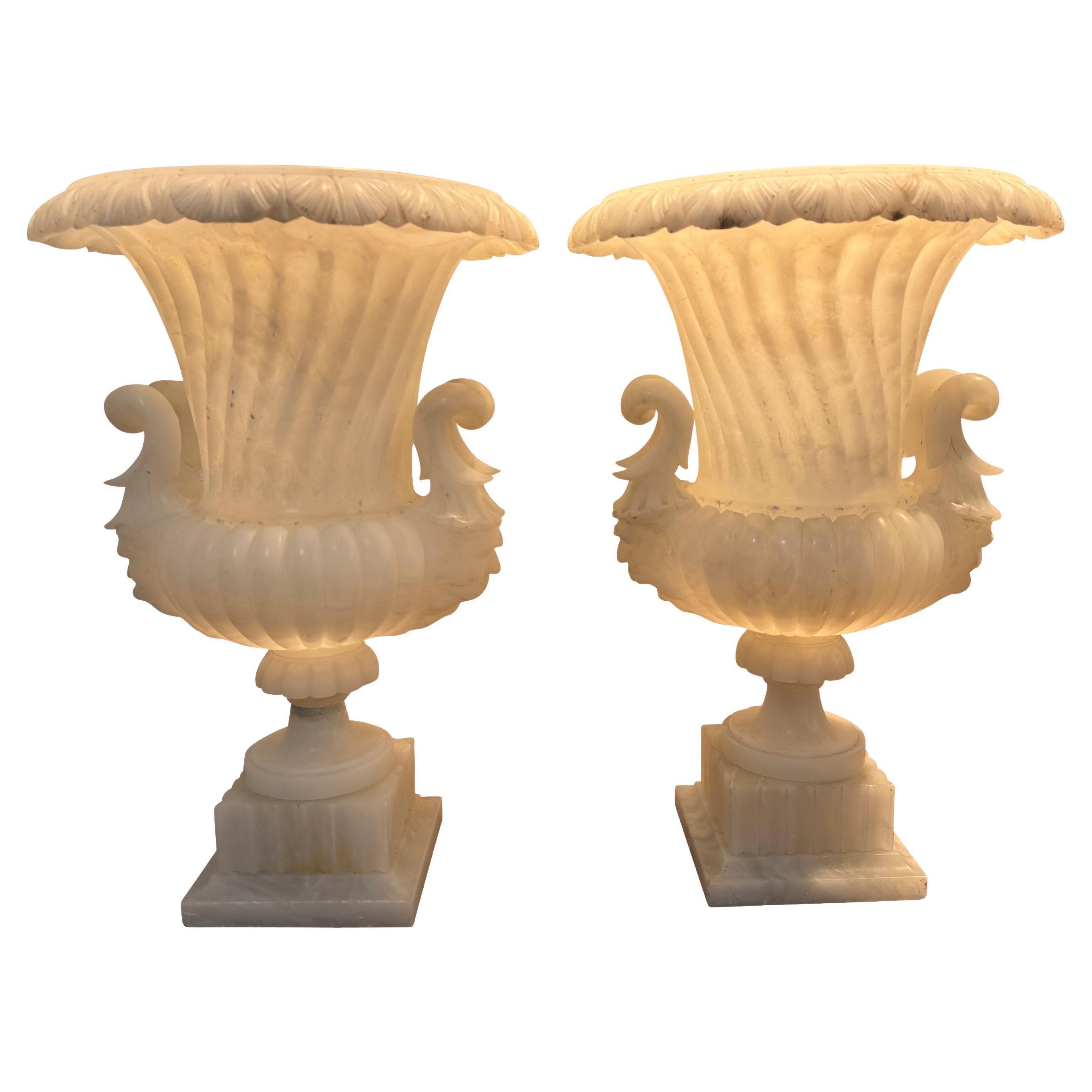 19th Century Neoclassical Italian Alabaster Urn Lamps For Sale