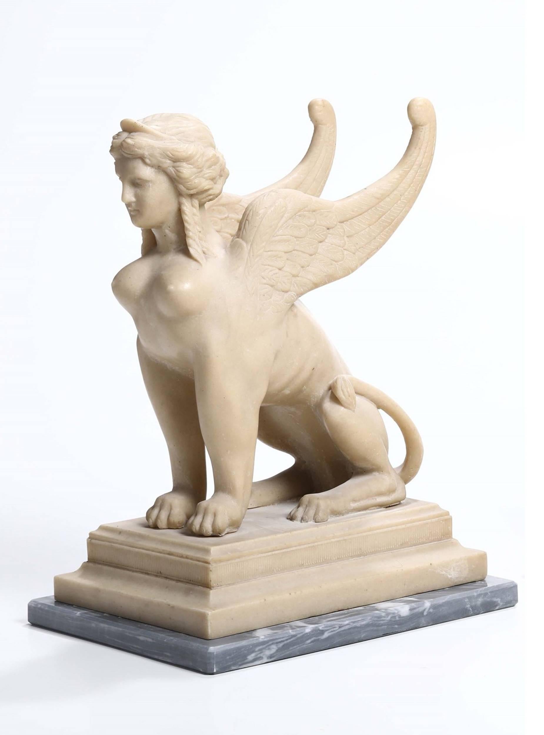 19th Century Neoclassical Italian White Alabaster Animal Sculpture of Sphinx 7