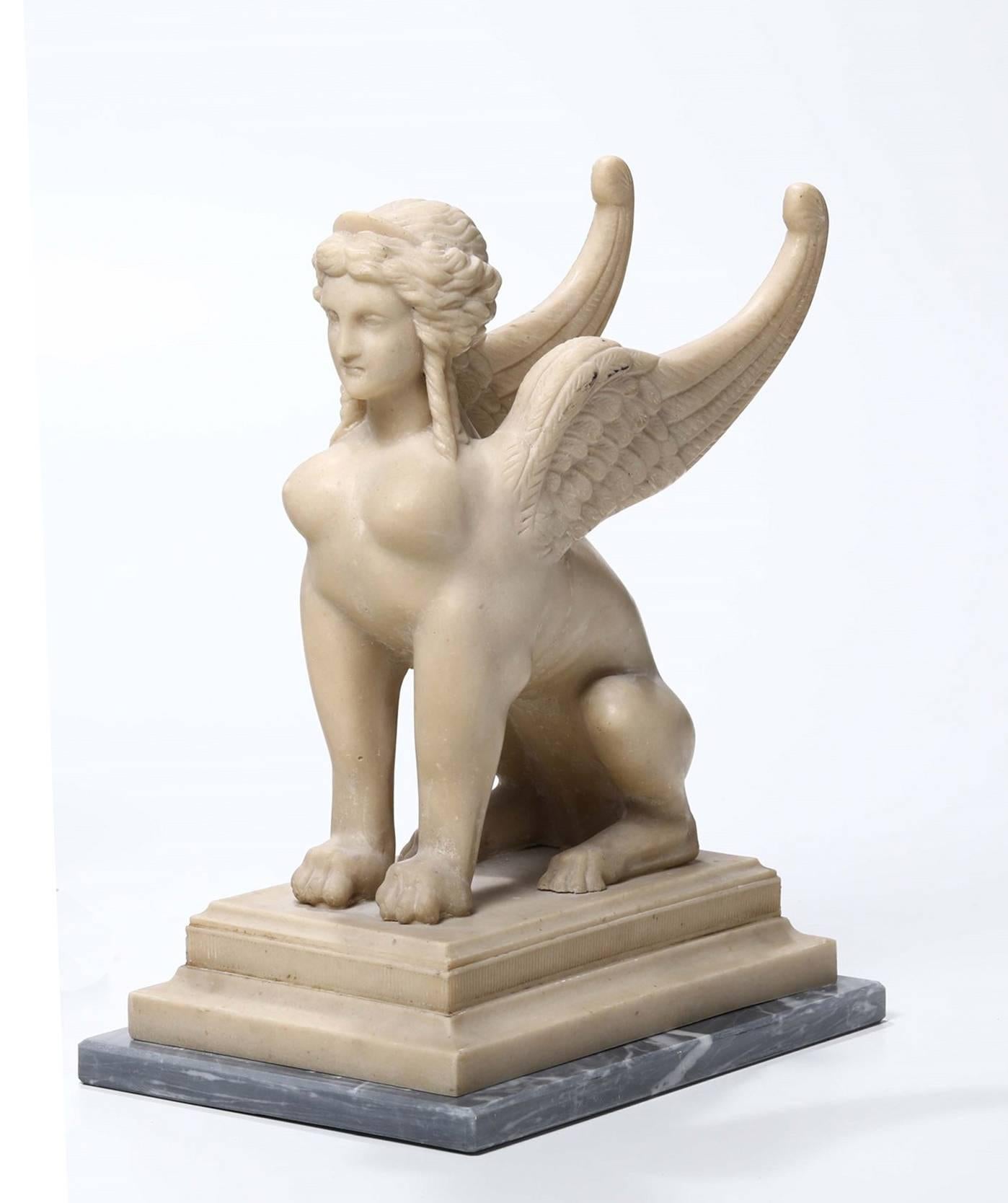 19th Century Neoclassical Italian White Alabaster Animal Sculpture of Sphinx 10