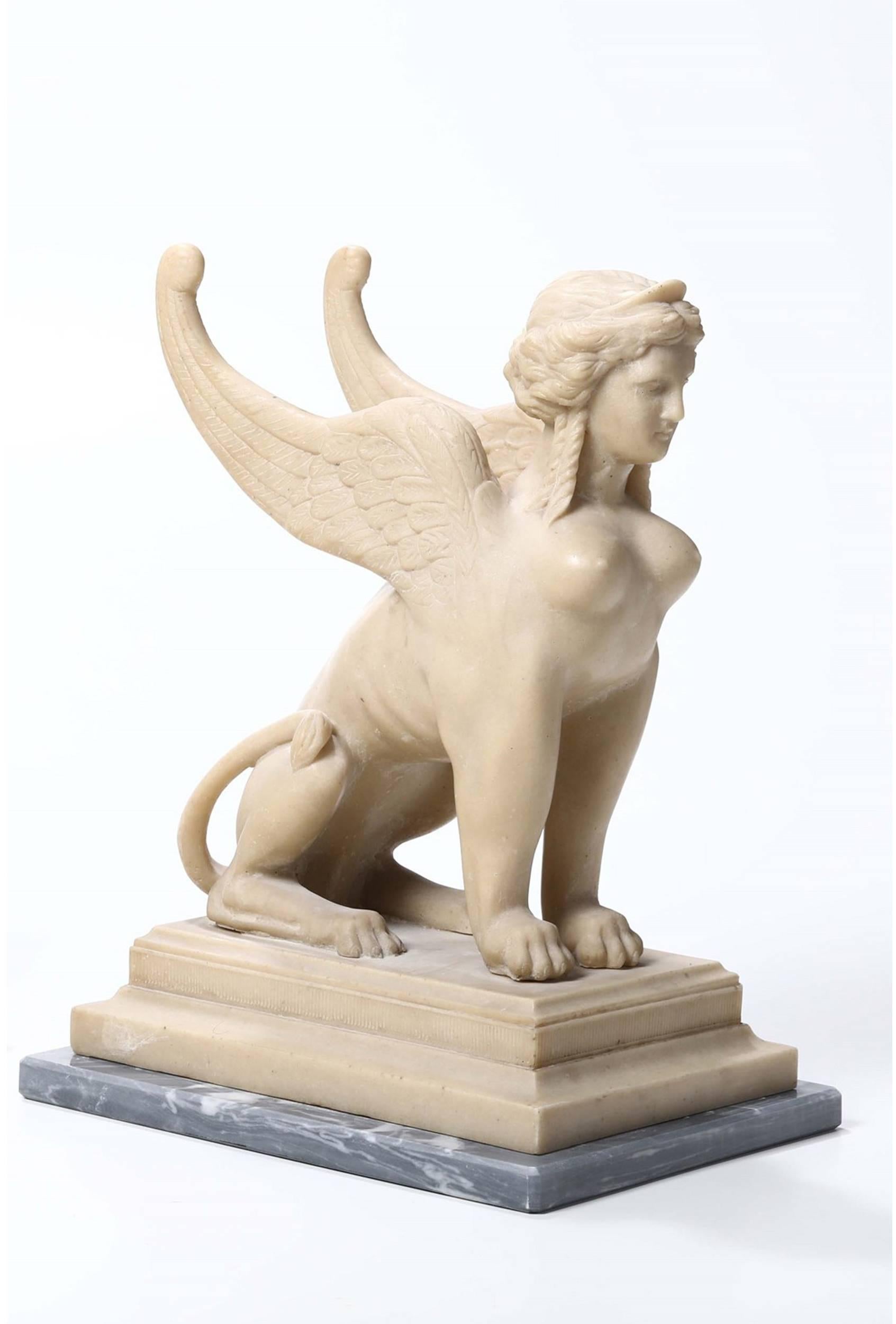 A sphinx is a mythical creature with the head of a human and the body of animal. In Greek tradition, it has the head of a human, the haunches of a lion, and like in this pair of sculpture the wings of a bird. It is mythicized as treacherous and