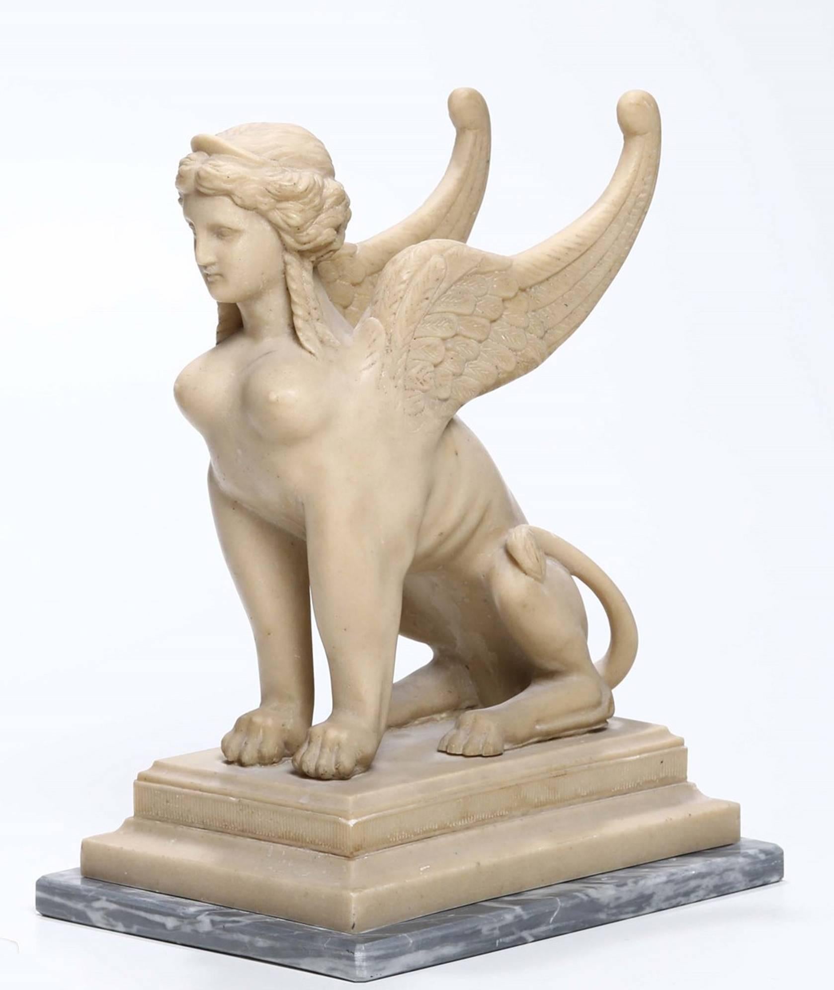 Hand-Carved 19th Century Neoclassical Italian White Alabaster Animal Sculpture of Sphinx