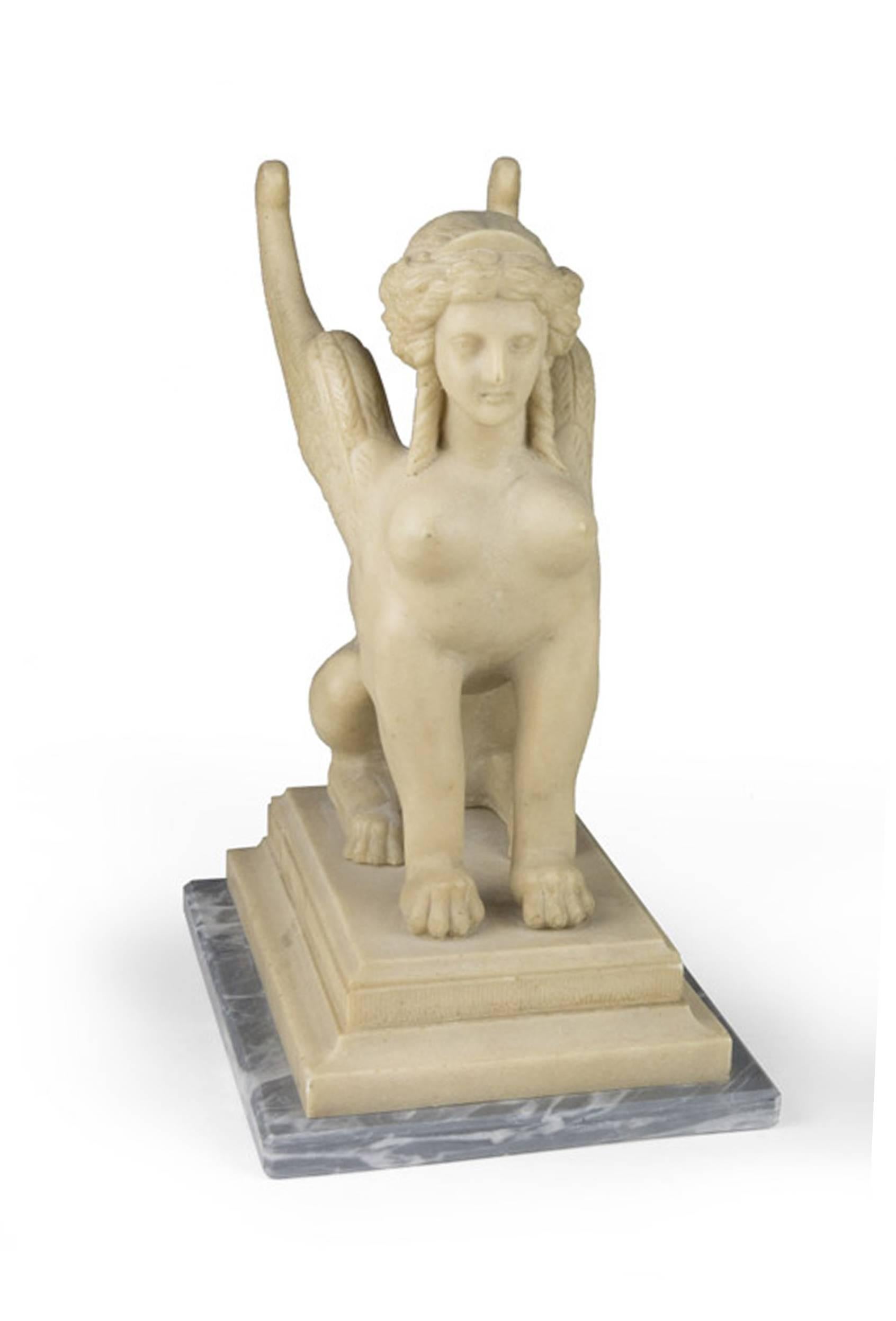 19th Century Neoclassical Italian White Alabaster Animal Sculpture of Sphinx 1
