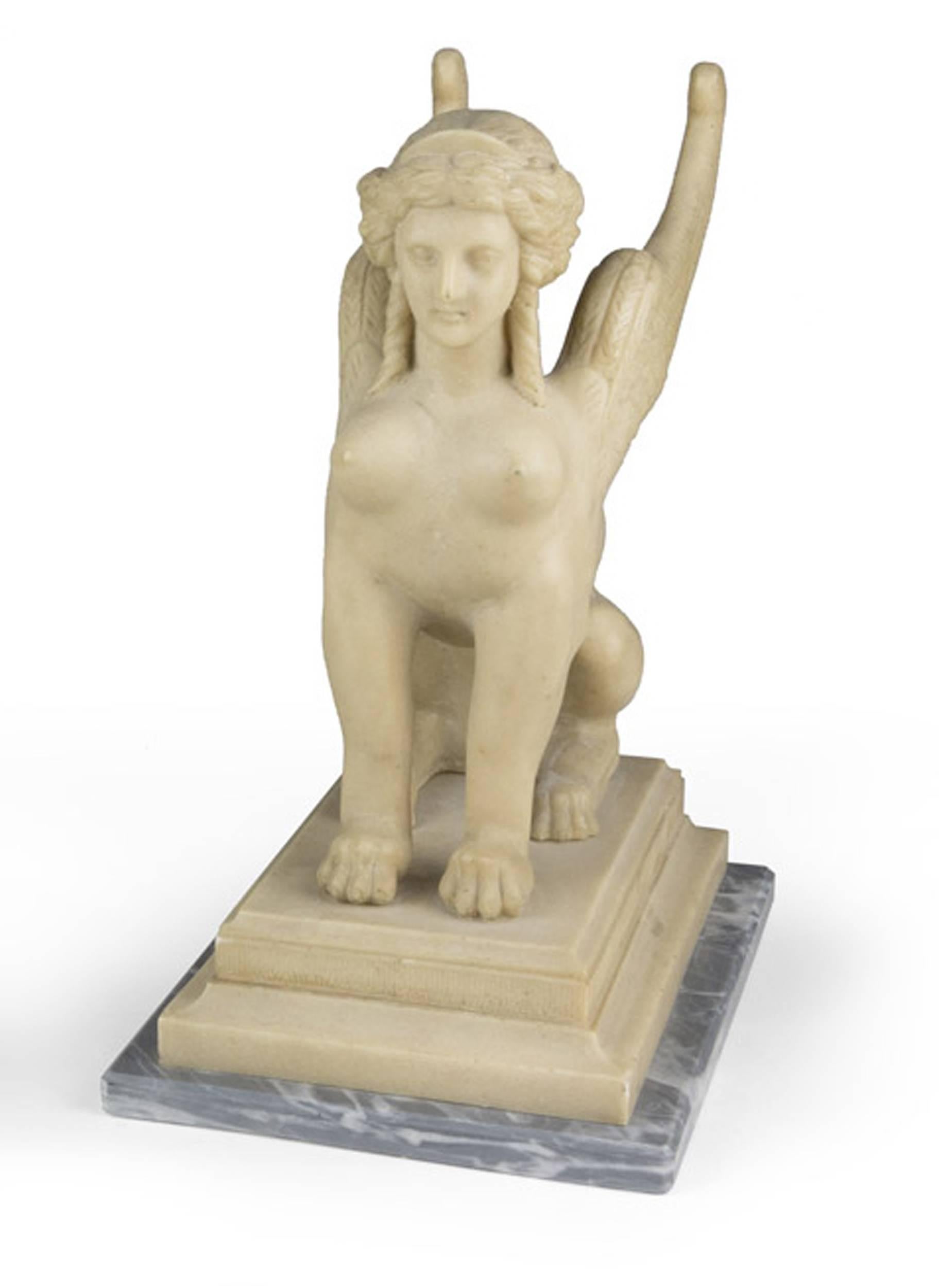 19th Century Neoclassical Italian White Alabaster Animal Sculpture of Sphinx 2