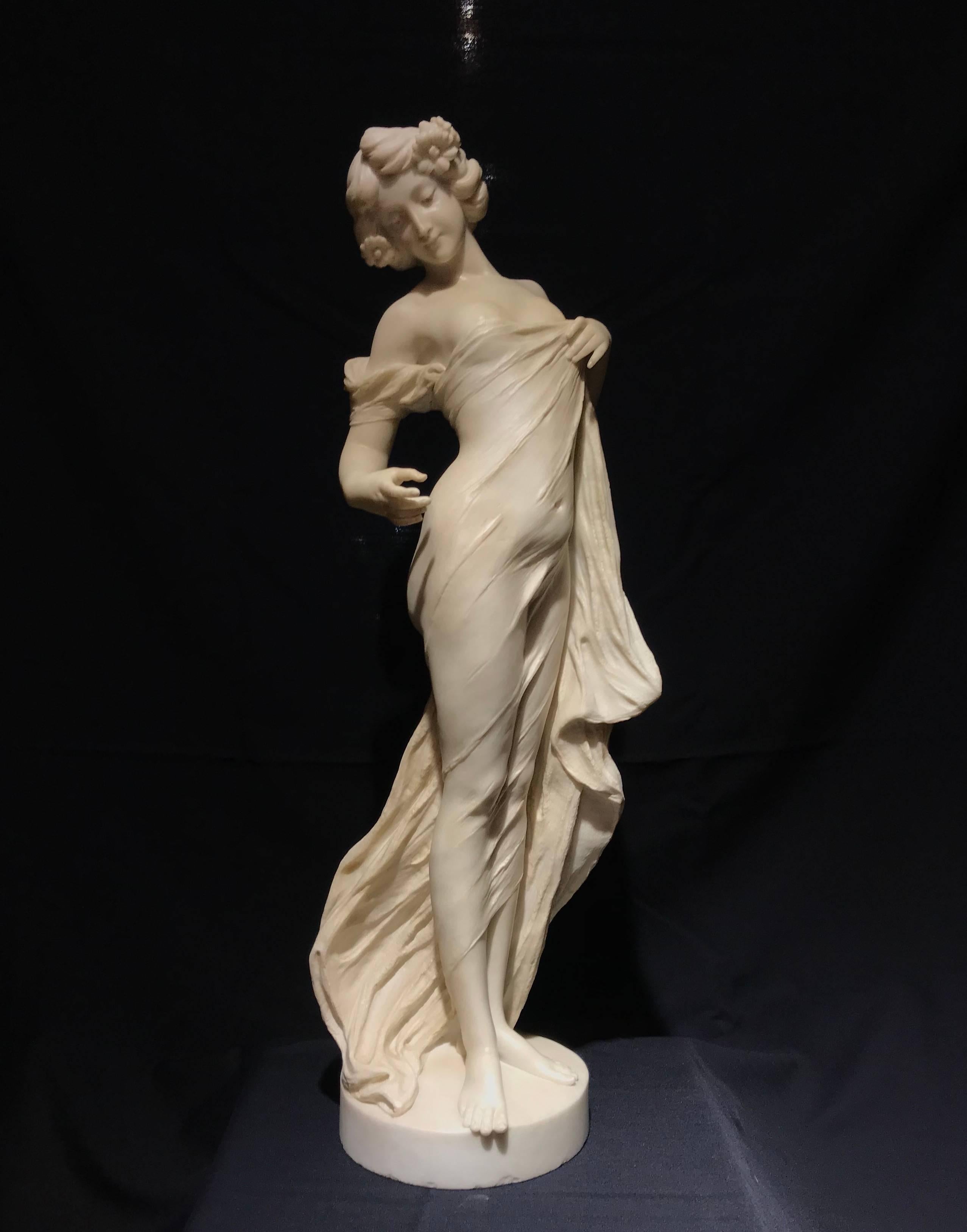 Hand-Carved 19th Century Neoclassical Italian White Marble Sculpture of Nymph