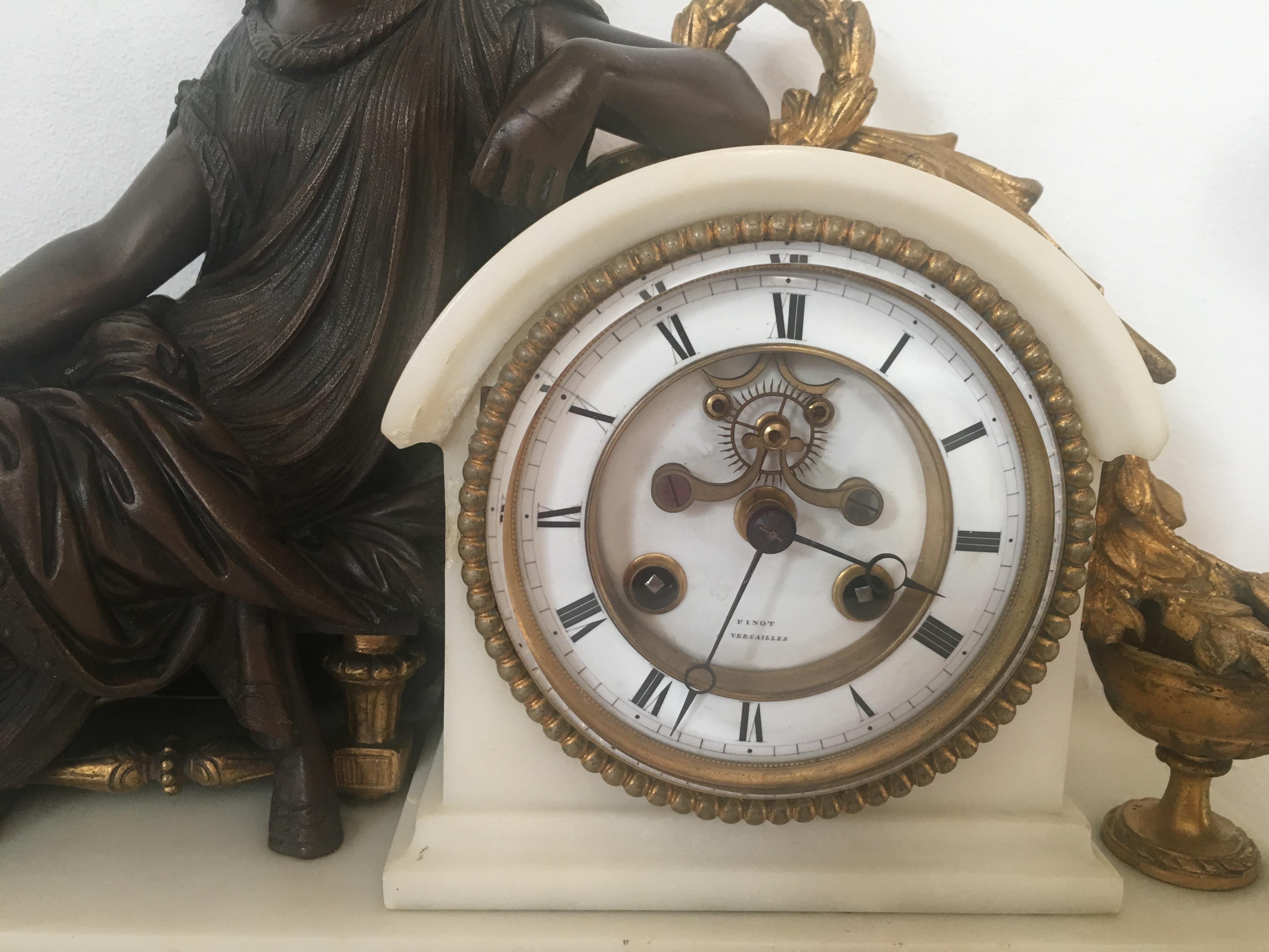 Gilt 19th Century Neoclassical Gilded Bronze and White Marble Mantel Clock Set For Sale