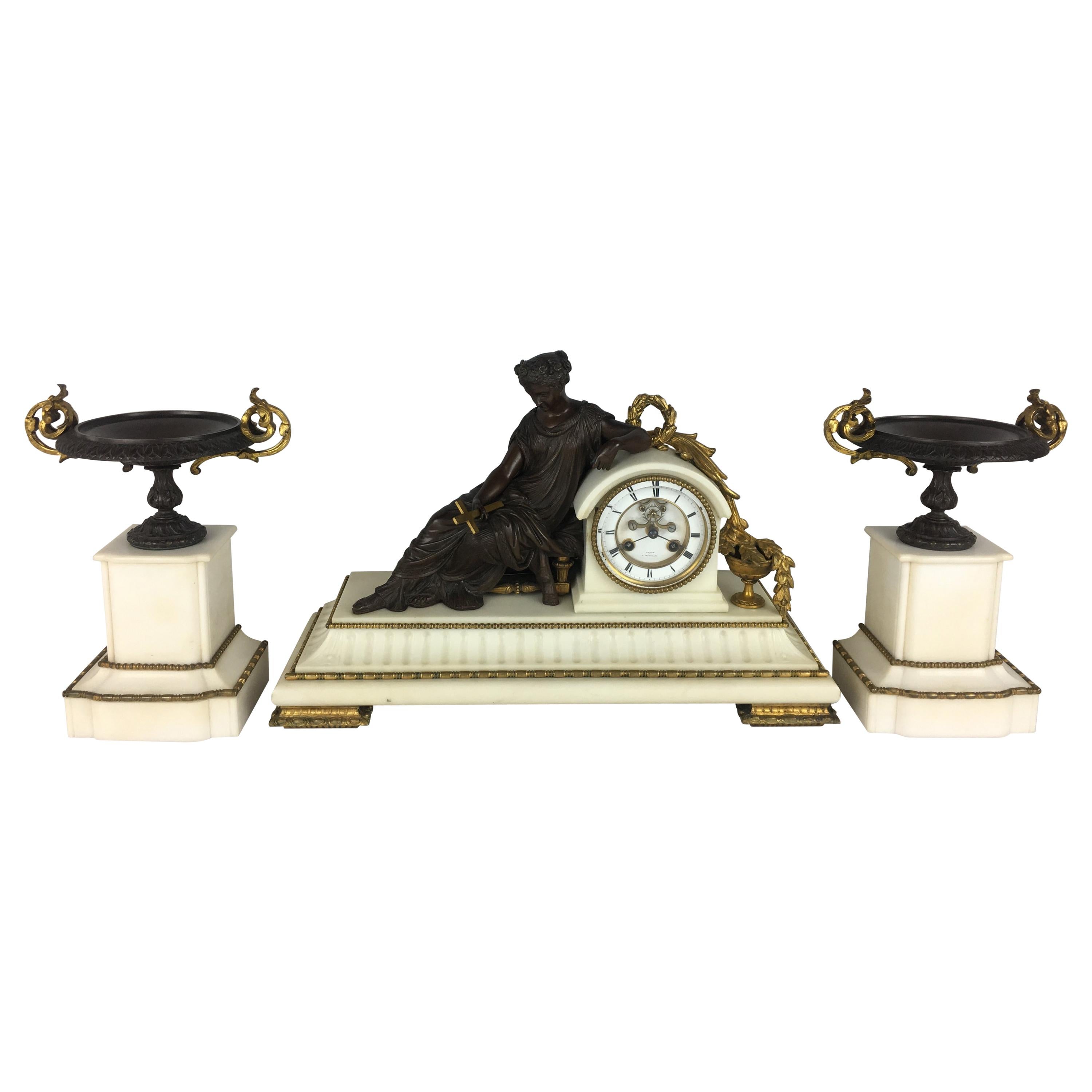 19th Century Neoclassical Gilded Bronze and White Marble Mantel Clock Set For Sale