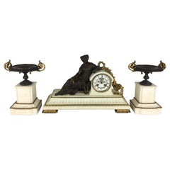 19th Century Neoclassical Gilded Bronze and White Marble Mantel Clock Set