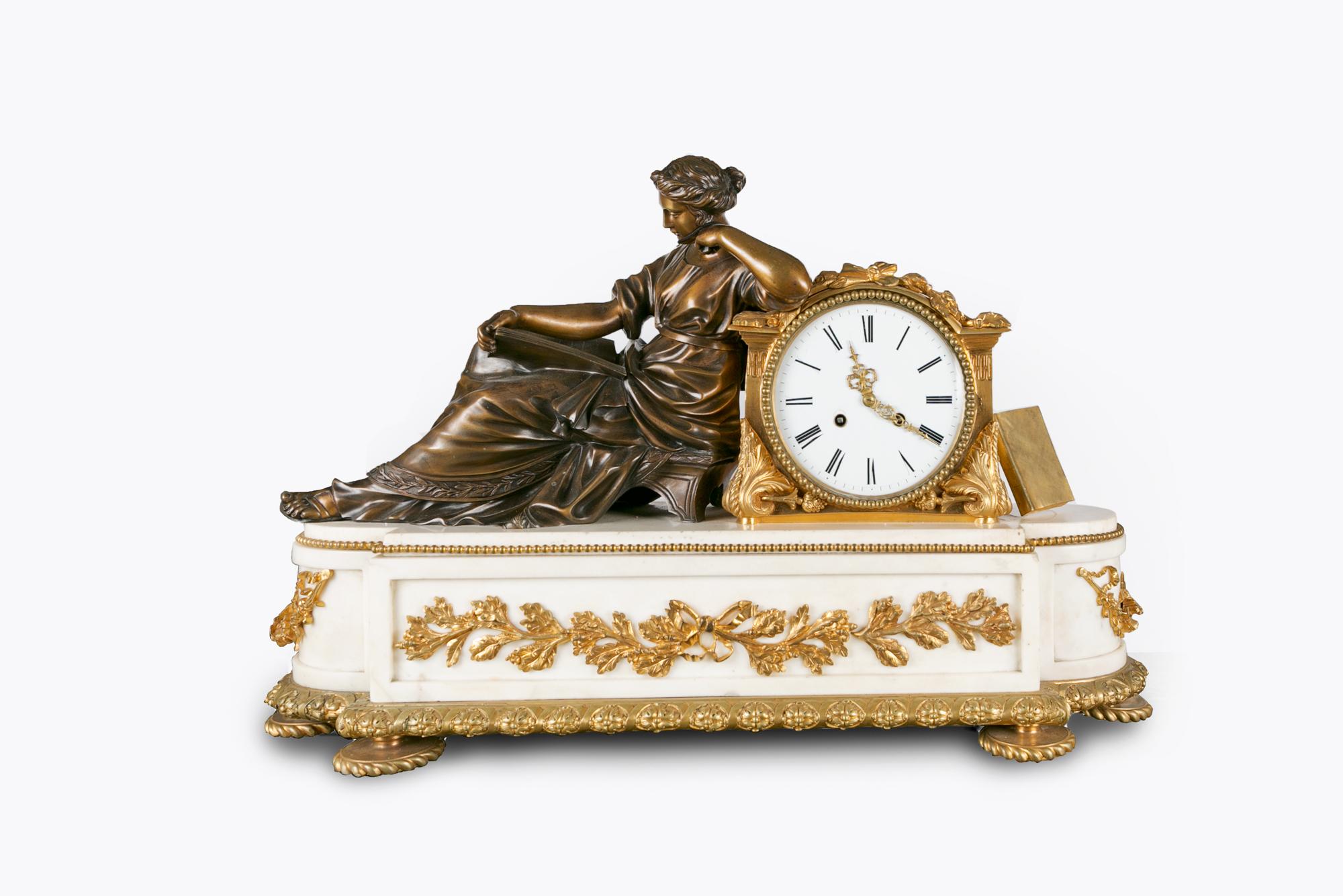 Napoleon III 19th Century Neoclassical Marble and Gilt Bronze Figural Mantle Clock For Sale