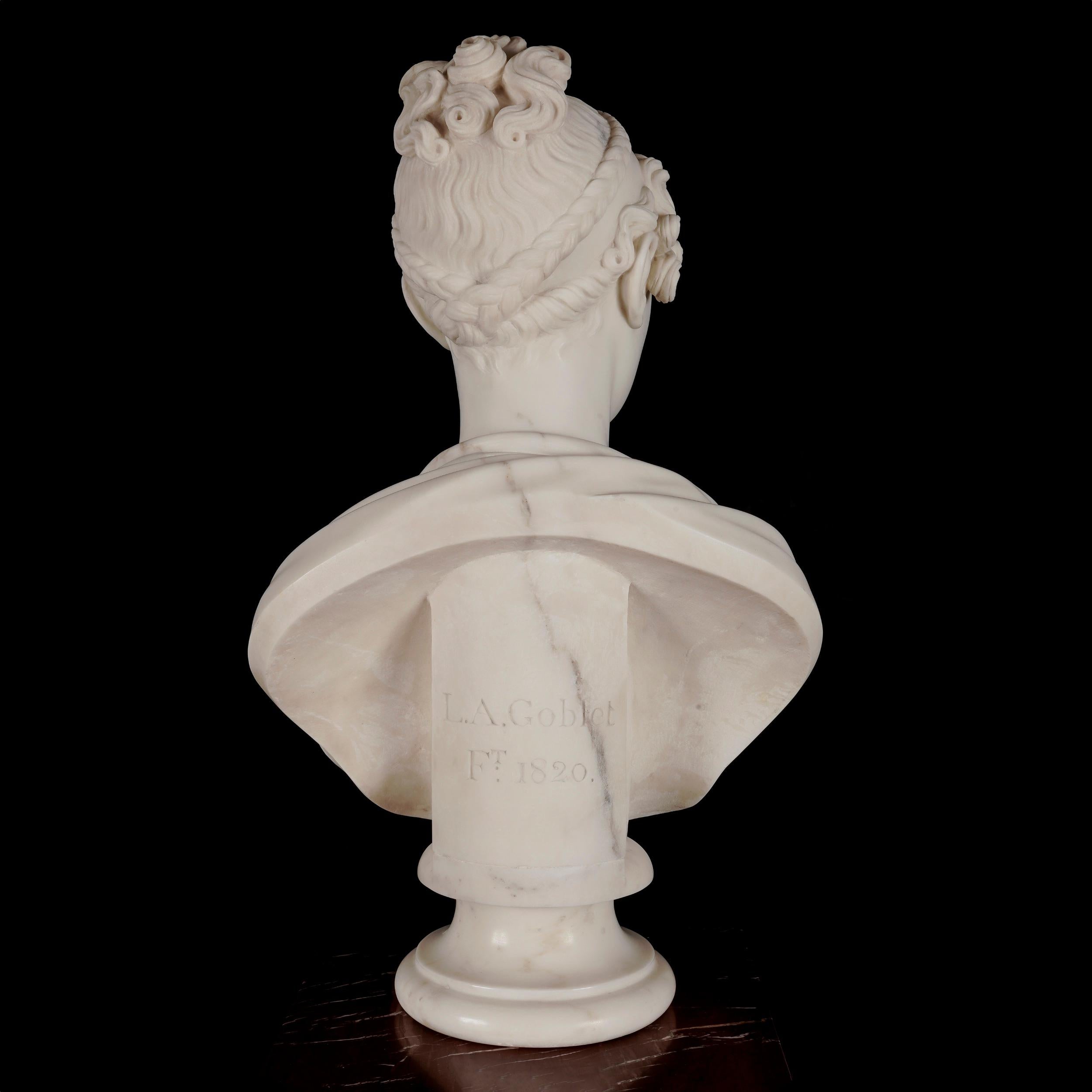 English 19th Century Neoclassical Marble Portrait Bust of a Lady by L.A. Goblet For Sale