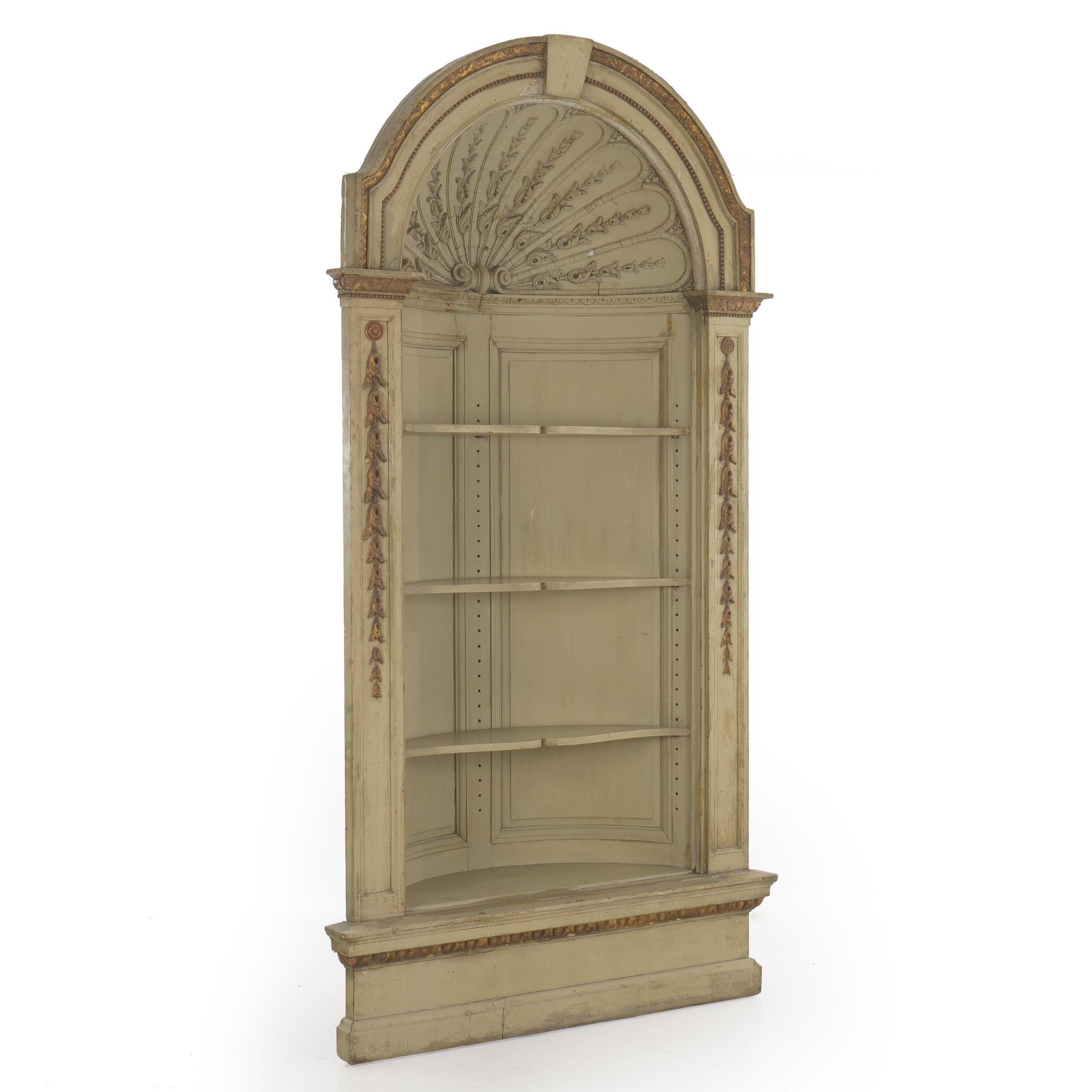 NEOCLASSICAL PARCEL-GILT PAINTED CORNER CUPBOARD
Circa late 19th century
Item # 911PZA24Q

A fantastic neoclassical built-in cupboard from the late 19th century, this gorgeous piece is worn with a great surface history in the early gray-beige paint,