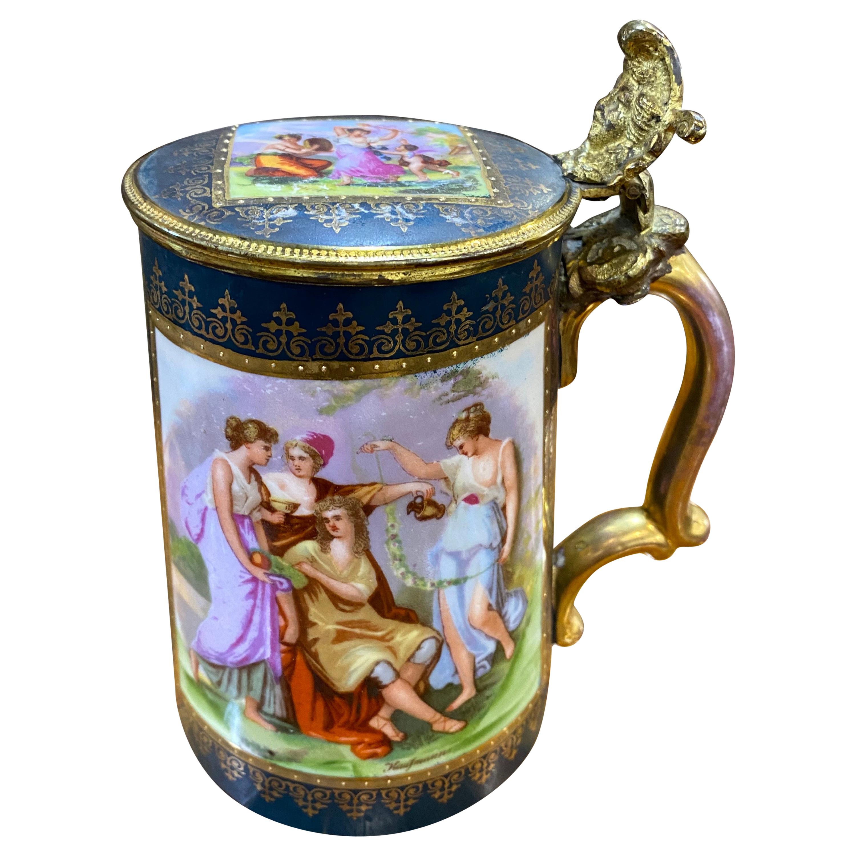 19th Century Neoclassical Painted Royal Vienna Porcelain Tankard Bronze, 1890s