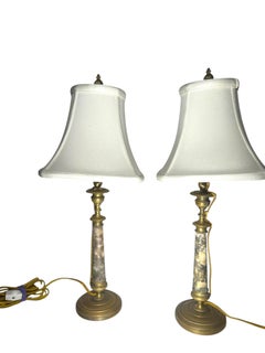 19th Century Neoclassical Pair Brass Marble Candlestick Table Lamps.