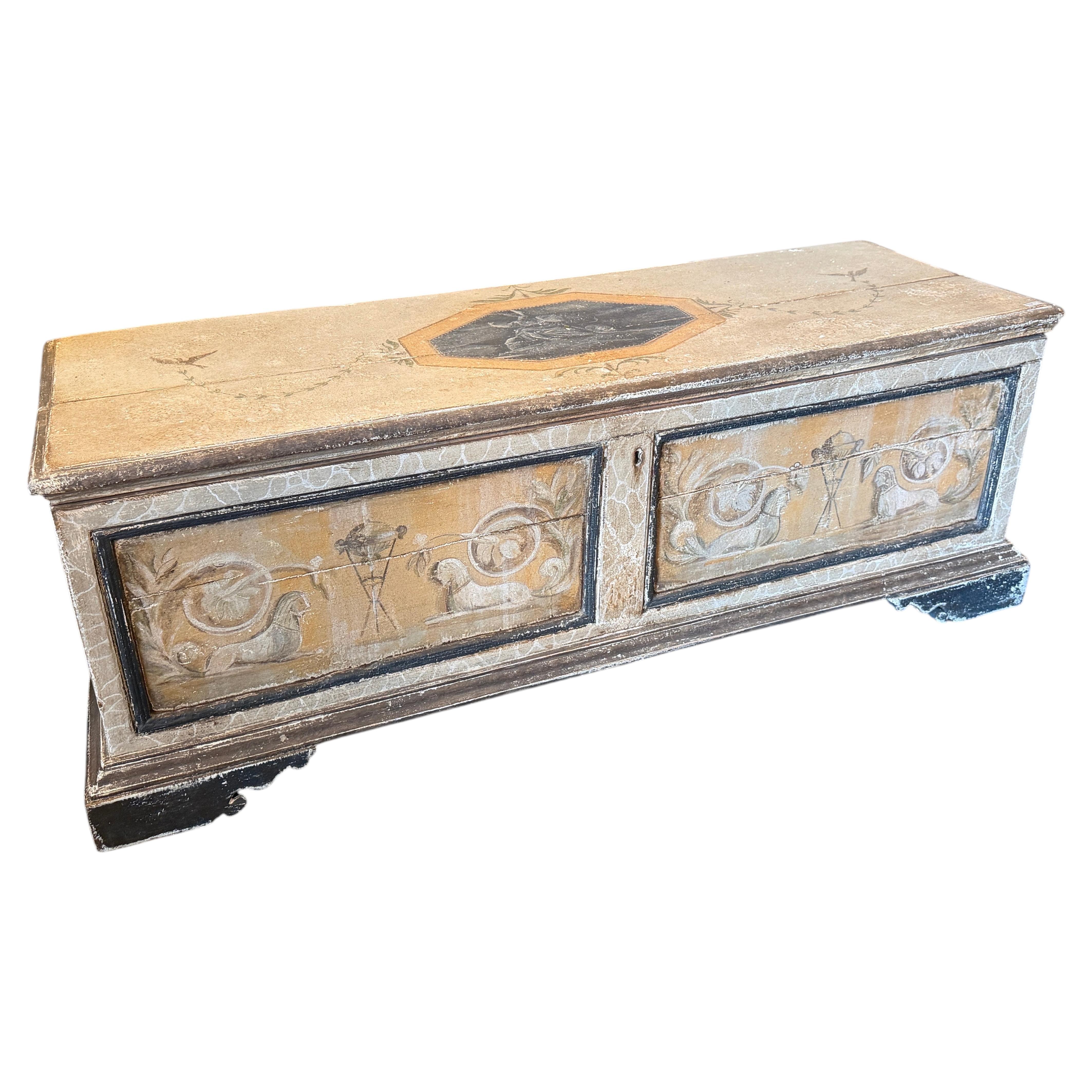 19th Century Neoclassical Revival Hand-Painted Wood Italian Blanket Chest