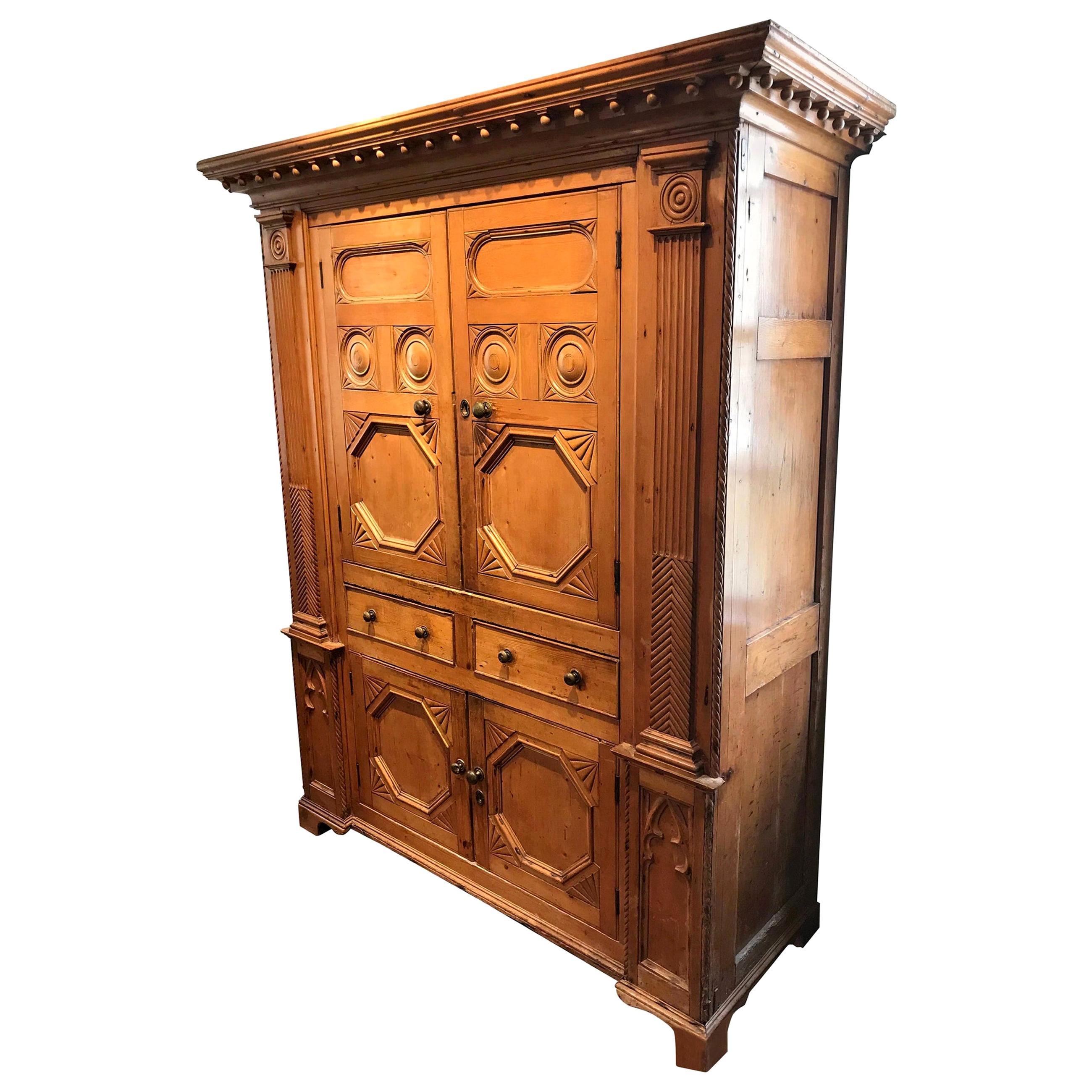 19th Century Neoclassical Revival Irish Pine Cabinet with Molded Decorations For Sale