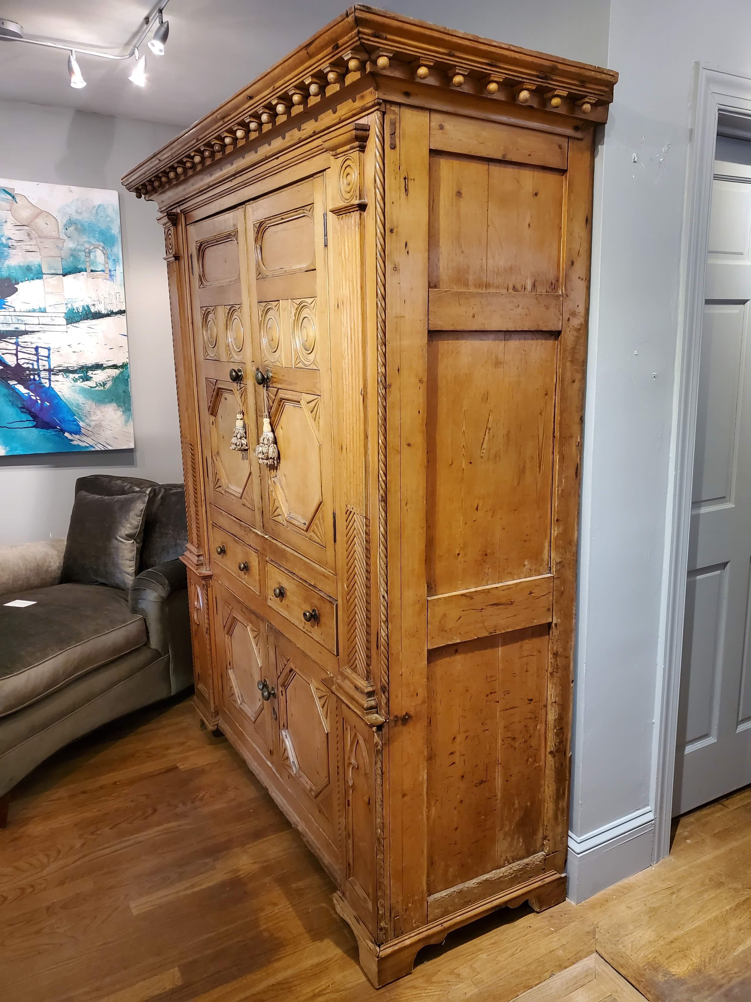 Hand-Crafted 19th Century Neoclassical Revival Irish Pine Cabinet with Molded Decorations For Sale